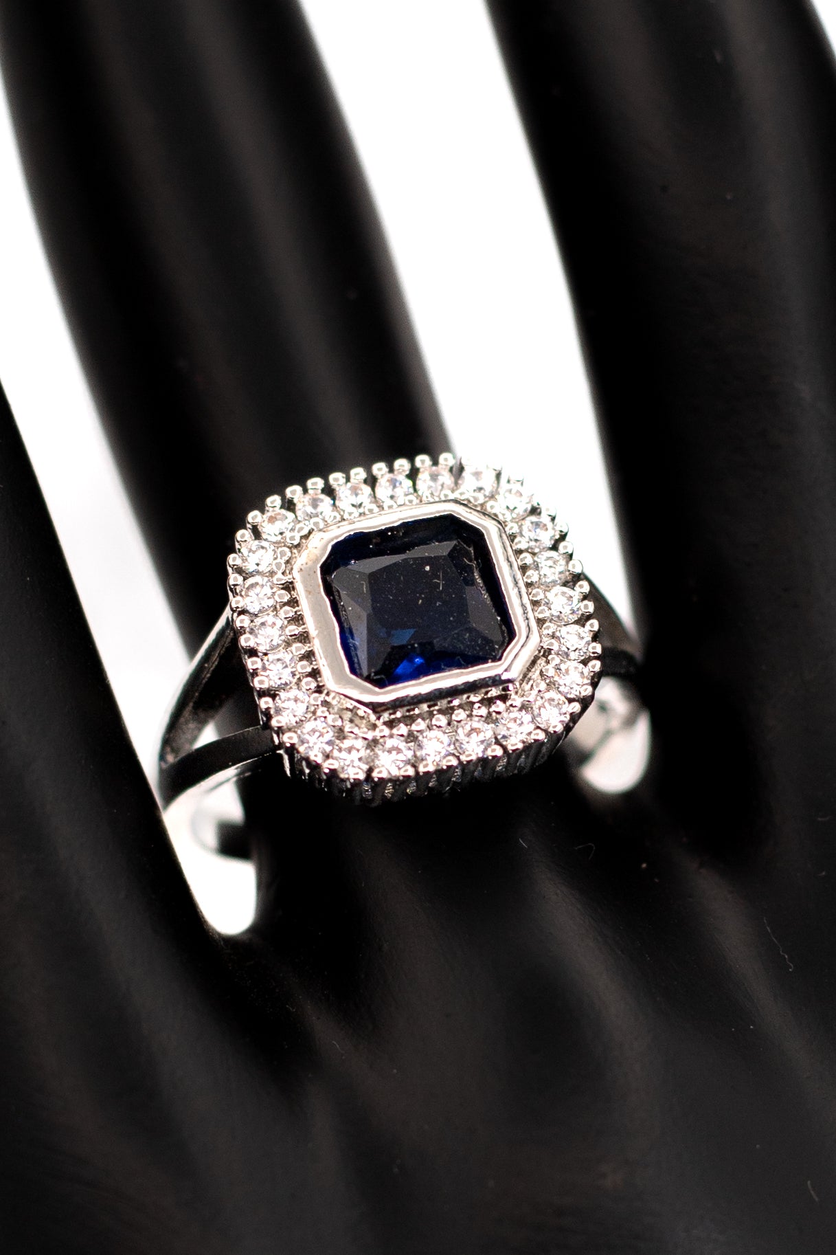 Navy Blue Sapphire Octagon Halo Ring – Sterling Silver Statement Ring