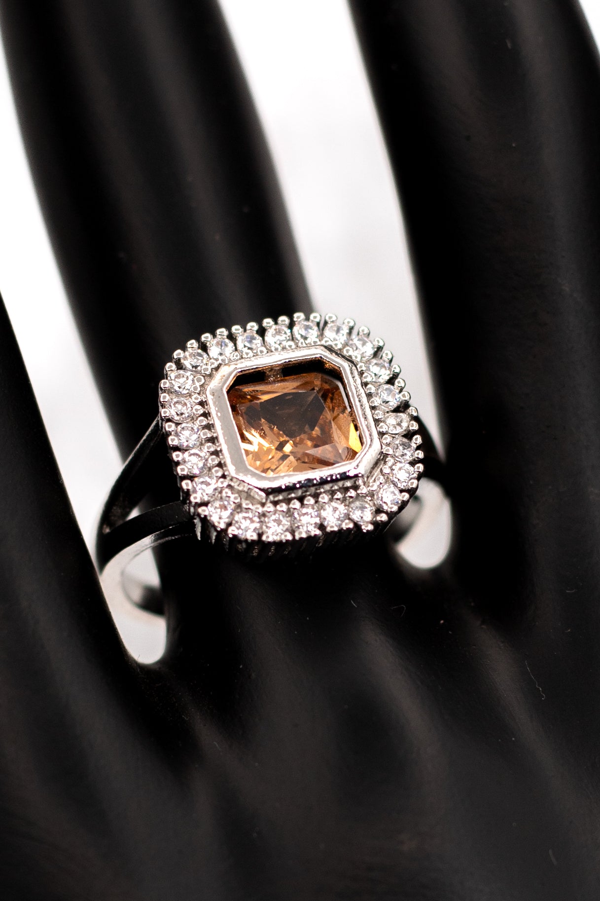 Champagne Citrine/Smoky Topaz Octagon Halo Ring – Sterling Silver Cocktail Ring