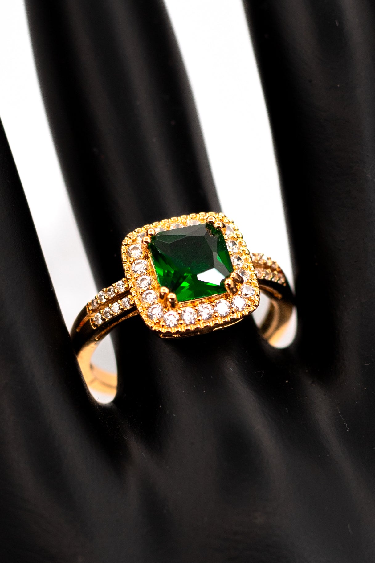 Vivid Emerald Green Octagon Halo Ring – Yellow Gold Plated Cocktail Ring