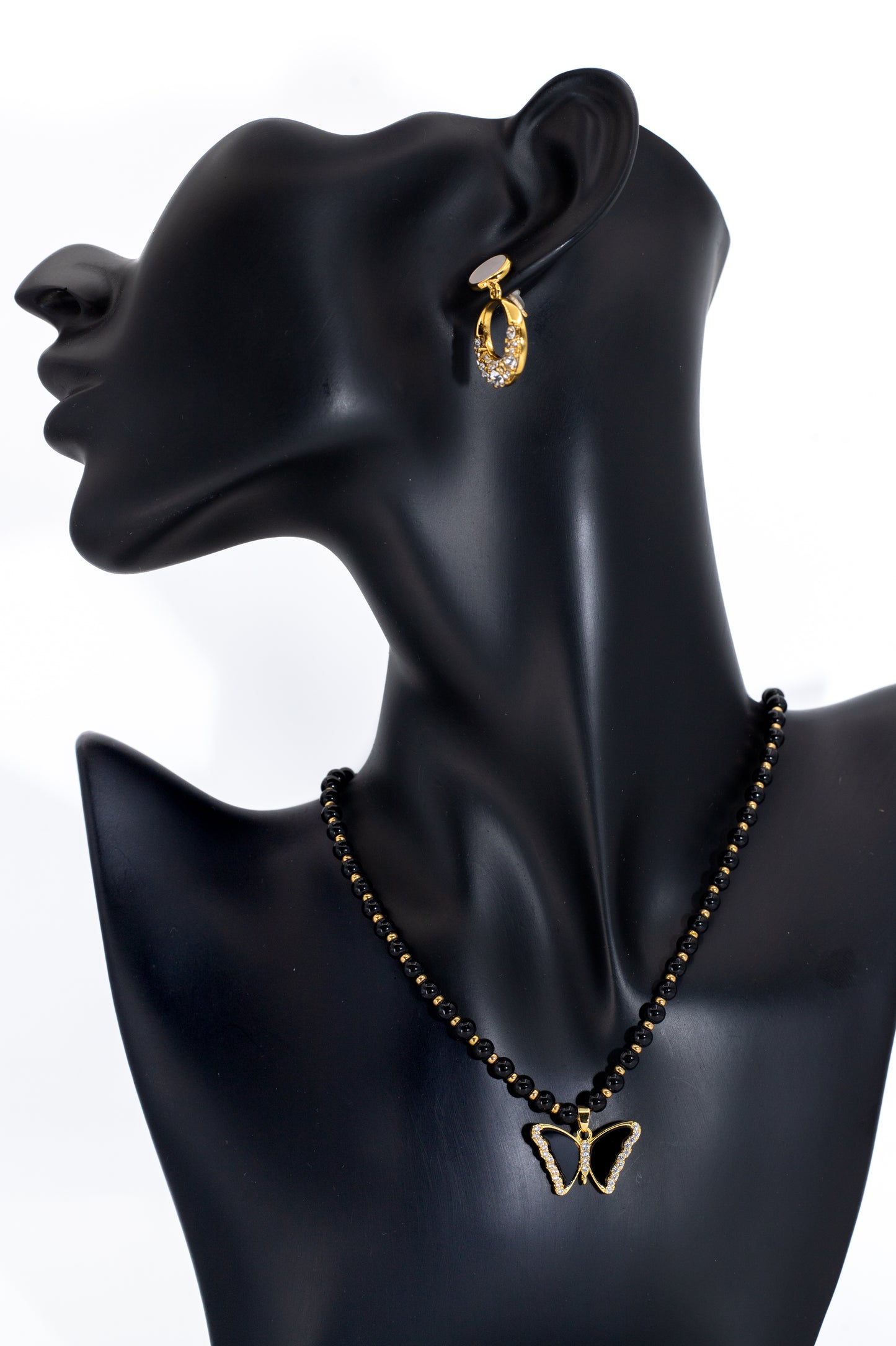Golden Crystal Butterfly Charm & Black Bead Necklace Set