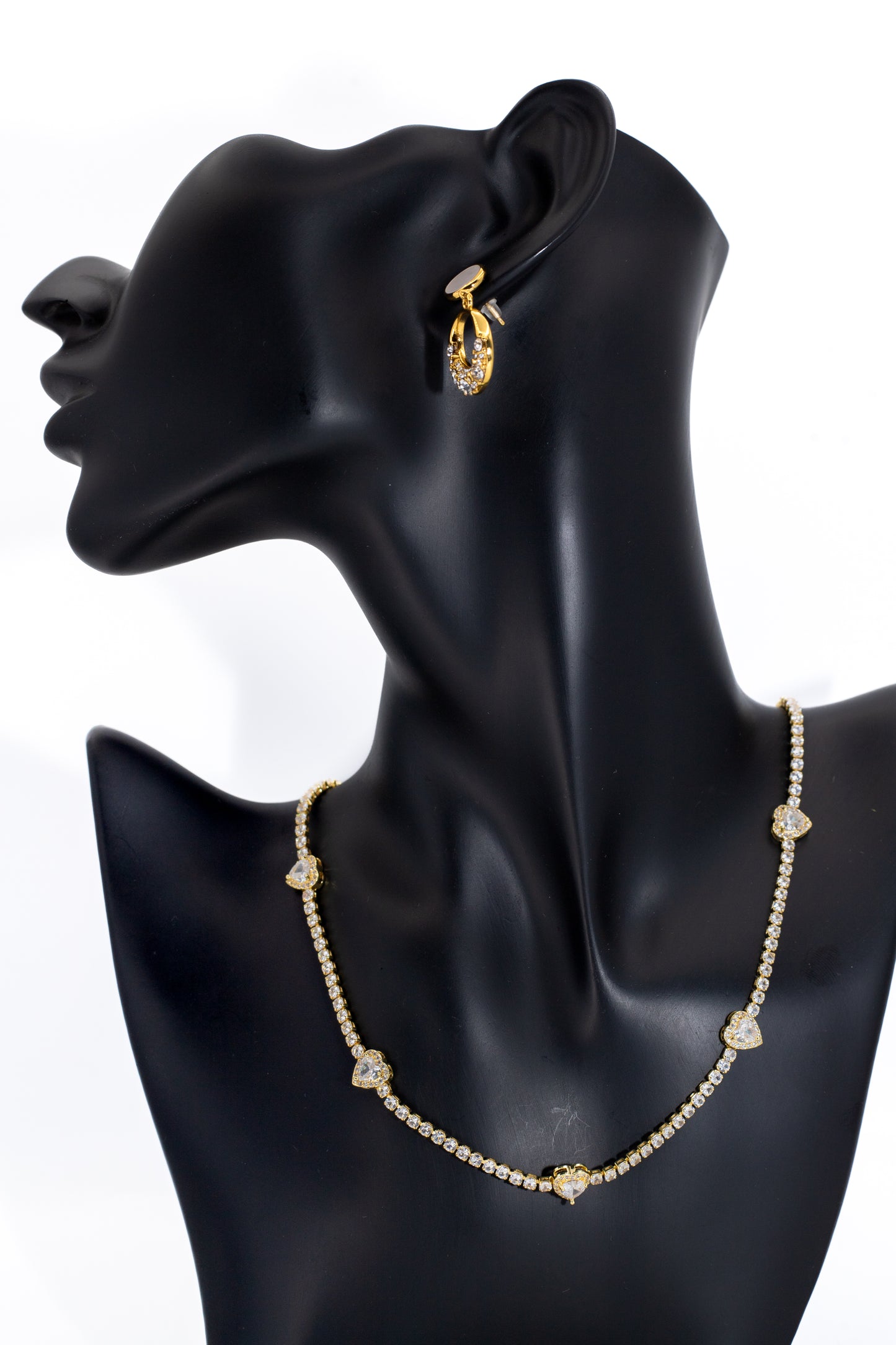 Golden Crystal Heart Tennis Necklace Set (Korean Glamour)