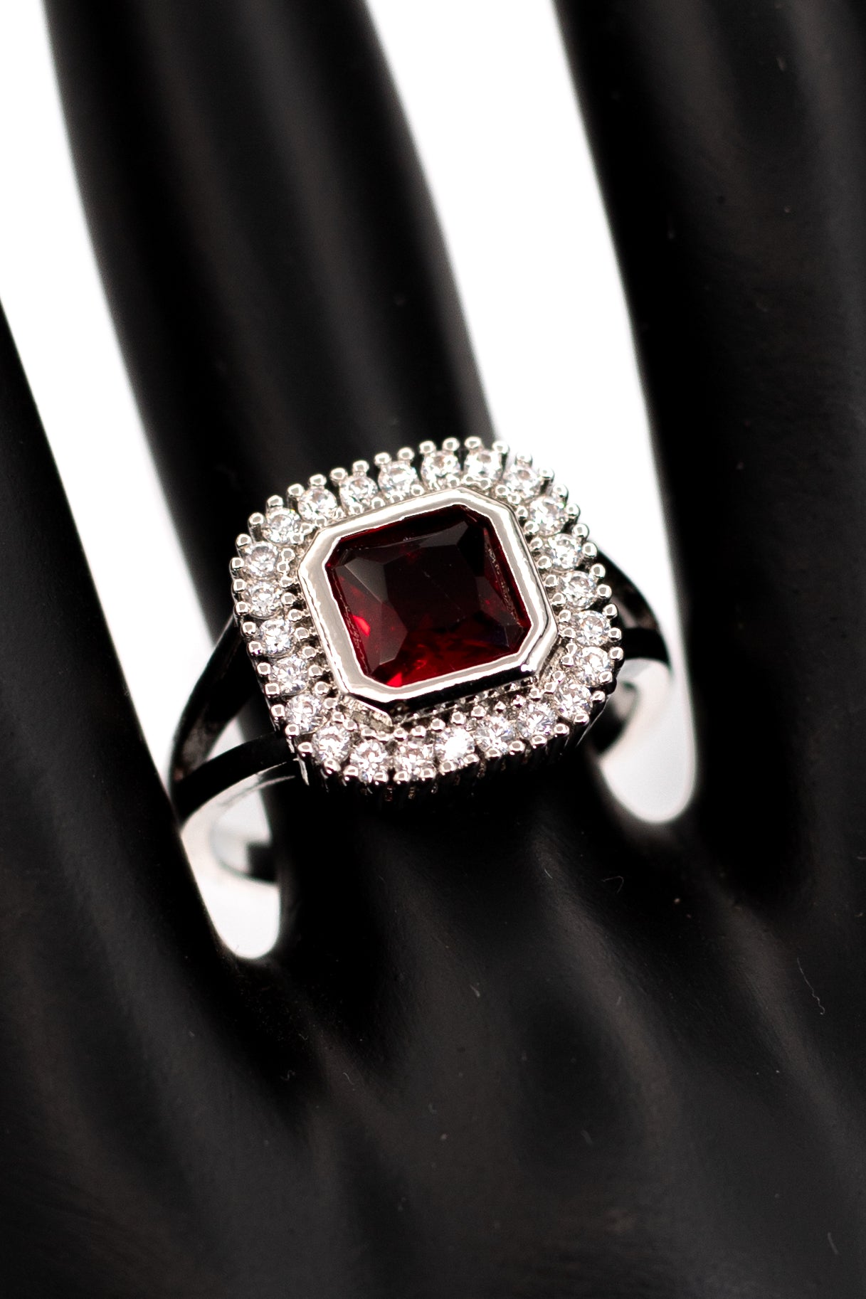 Octagon Red Garnet/Ruby Halo Ring – Sterling Silver Statement Ring