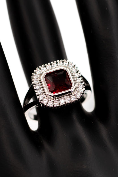 Octagon Red Garnet/Ruby Halo Ring – Sterling Silver Statement Ring
