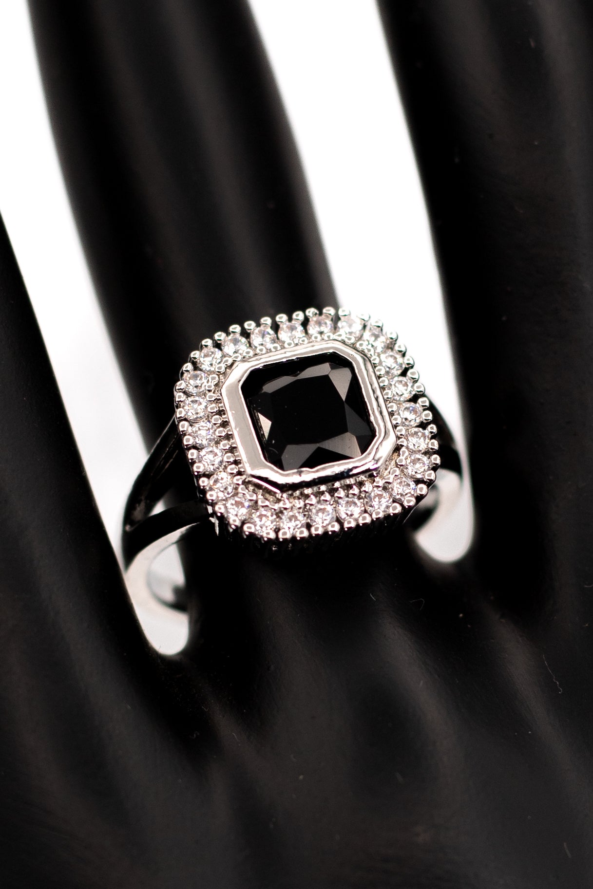 Elegant Black Onyx/Black Spinel Octagon Halo Ring – Sterling Silver Statement