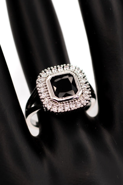 Elegant Black Onyx/Black Spinel Octagon Halo Ring – Sterling Silver Statement