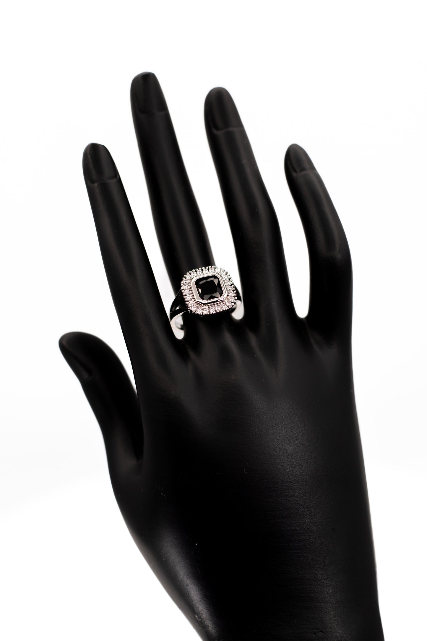 Elegant Black Onyx/Black Spinel Octagon Halo Ring – Sterling Silver Statement