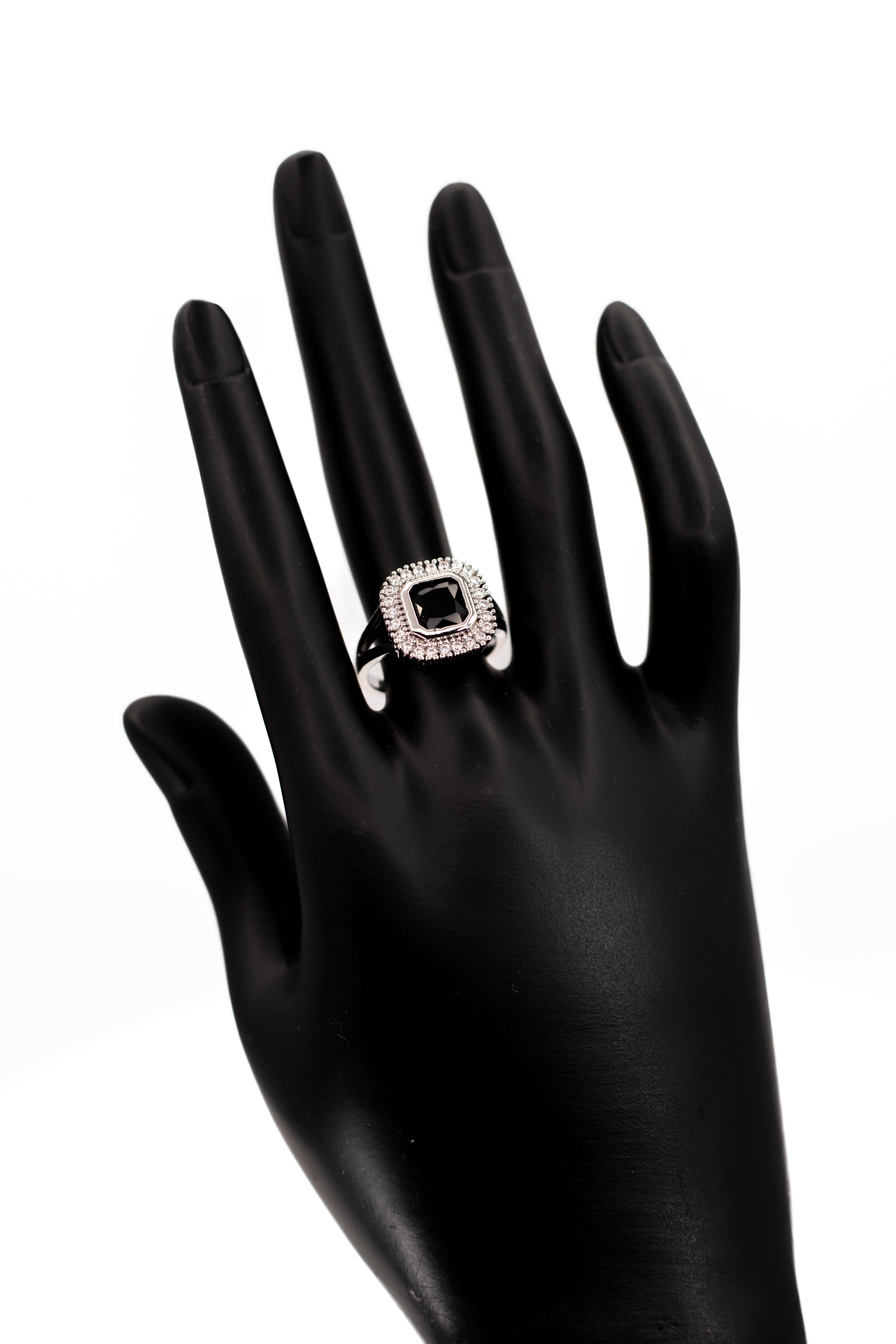 Elegant Black Onyx/Black Spinel Octagon Halo Ring – Sterling Silver Statement