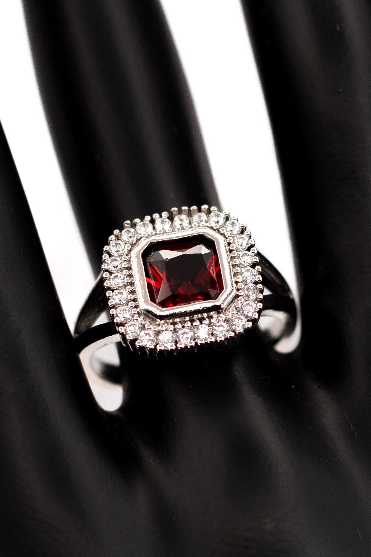 Classic Dark Red Garnet/Ruby Octagon Halo Ring – Sterling Silver Statement Piece
