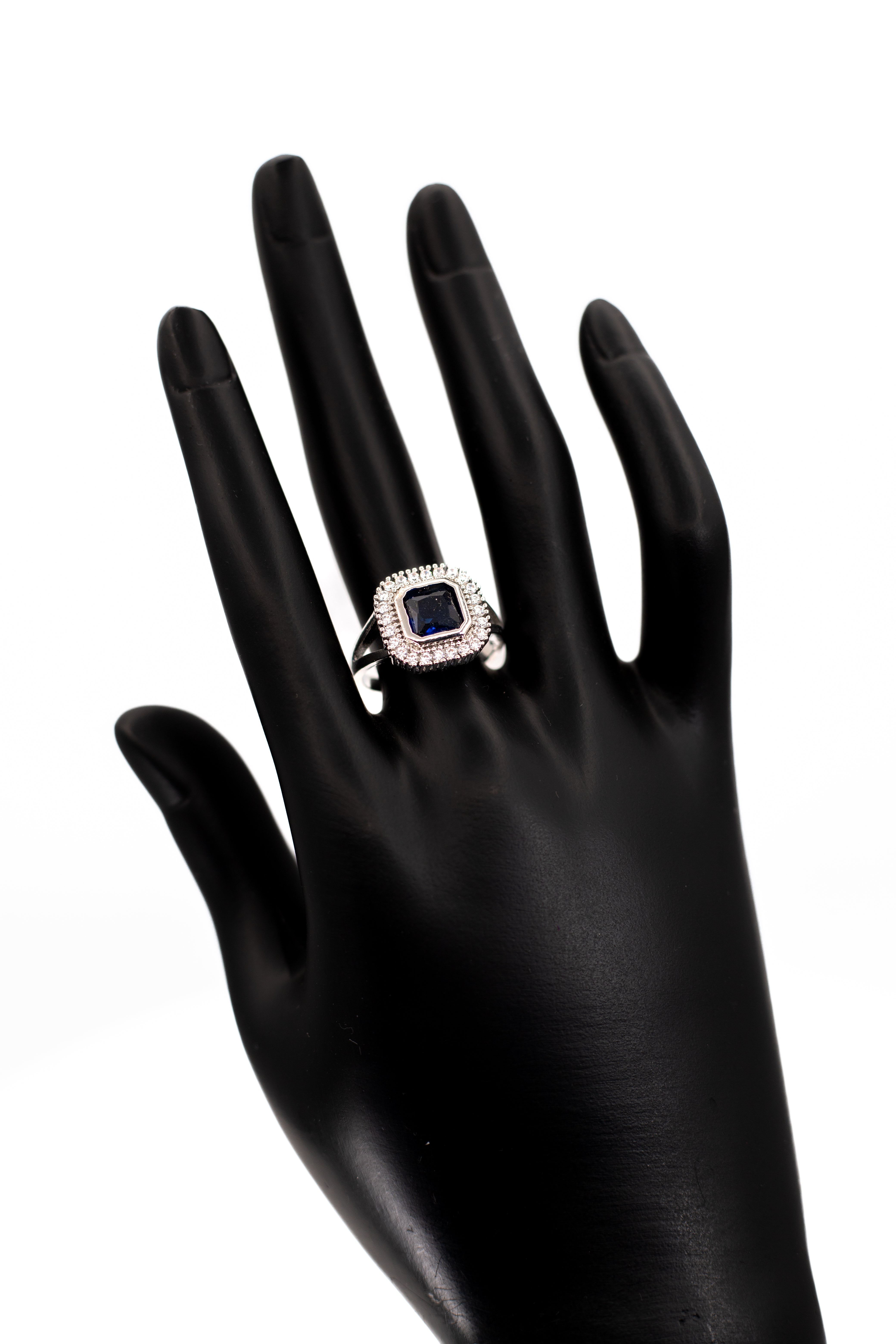 Navy Blue Sapphire Octagon Halo Ring – Sterling Silver Statement Ring
