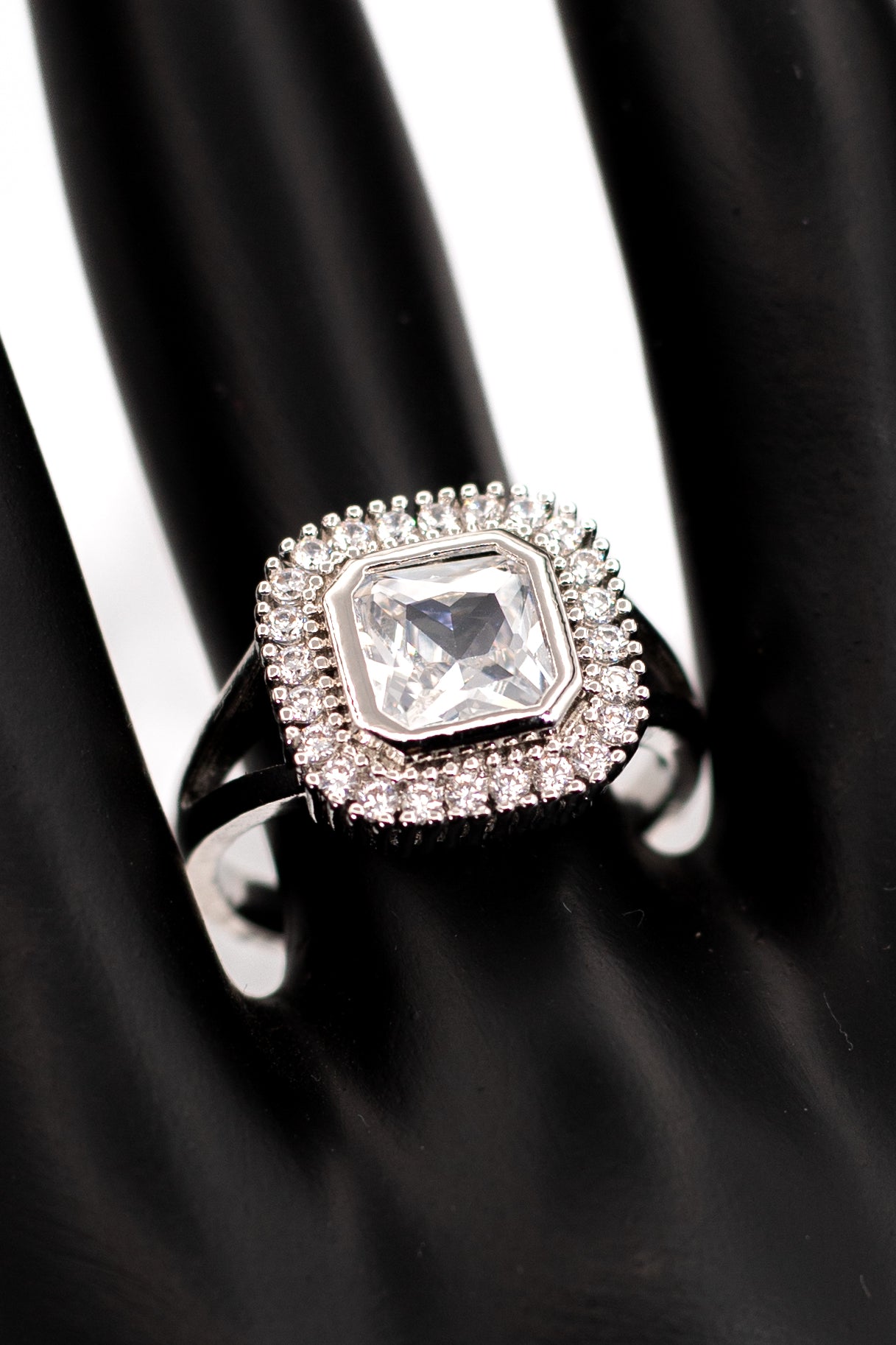 Brilliant White Octagon Halo Ring – Sterling Silver Engagement Ring