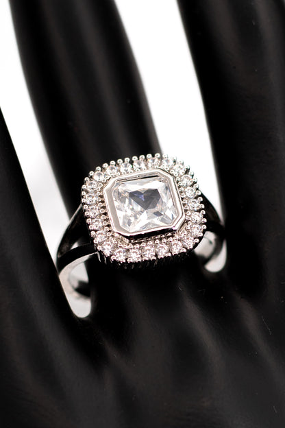 Brilliant White Octagon Halo Ring – Sterling Silver Engagement Ring