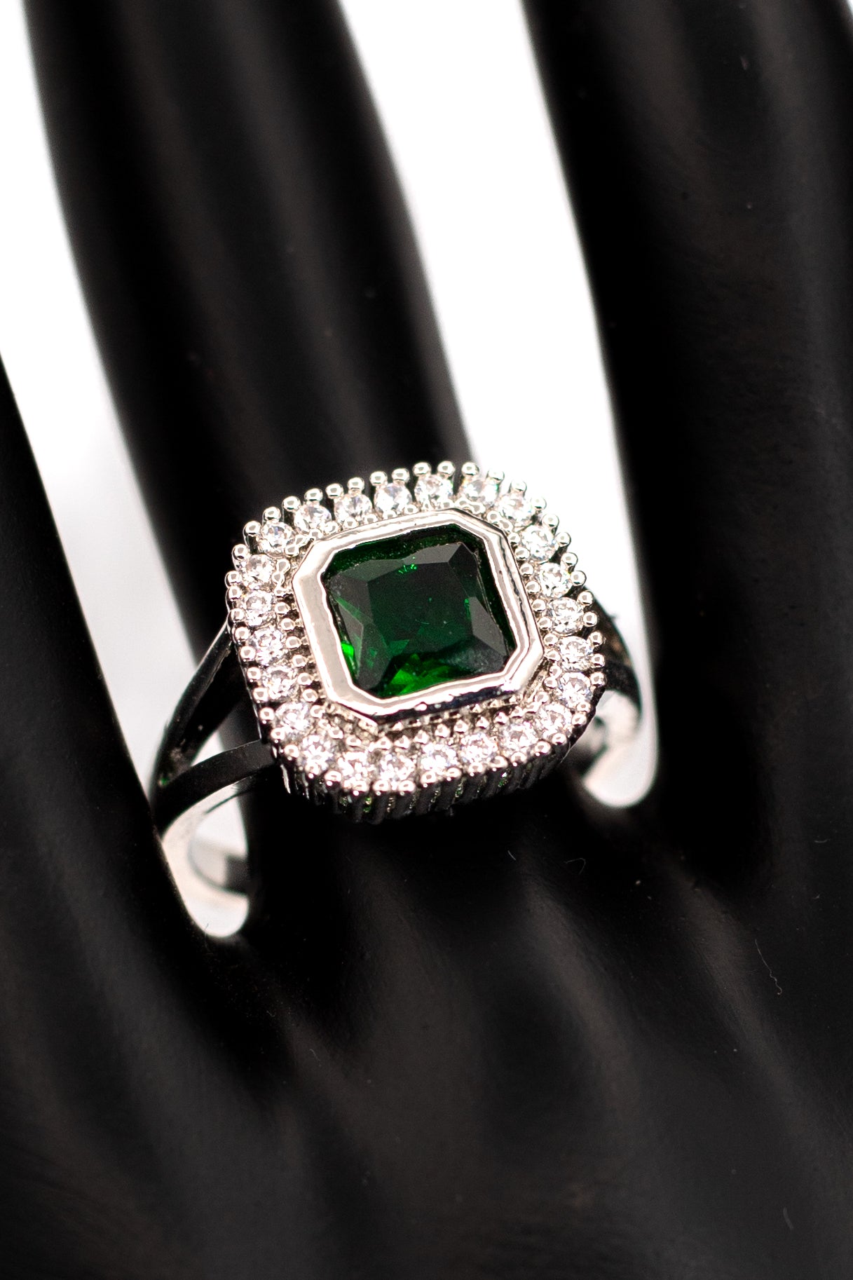 Vivid Emerald Green Octagon Halo Ring – Sterling Silver Cocktail Ring