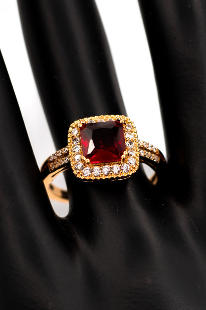Luxury Red Garnet/Ruby Octagon Double Halo Ring – Yellow Gold Plated Split Shank
