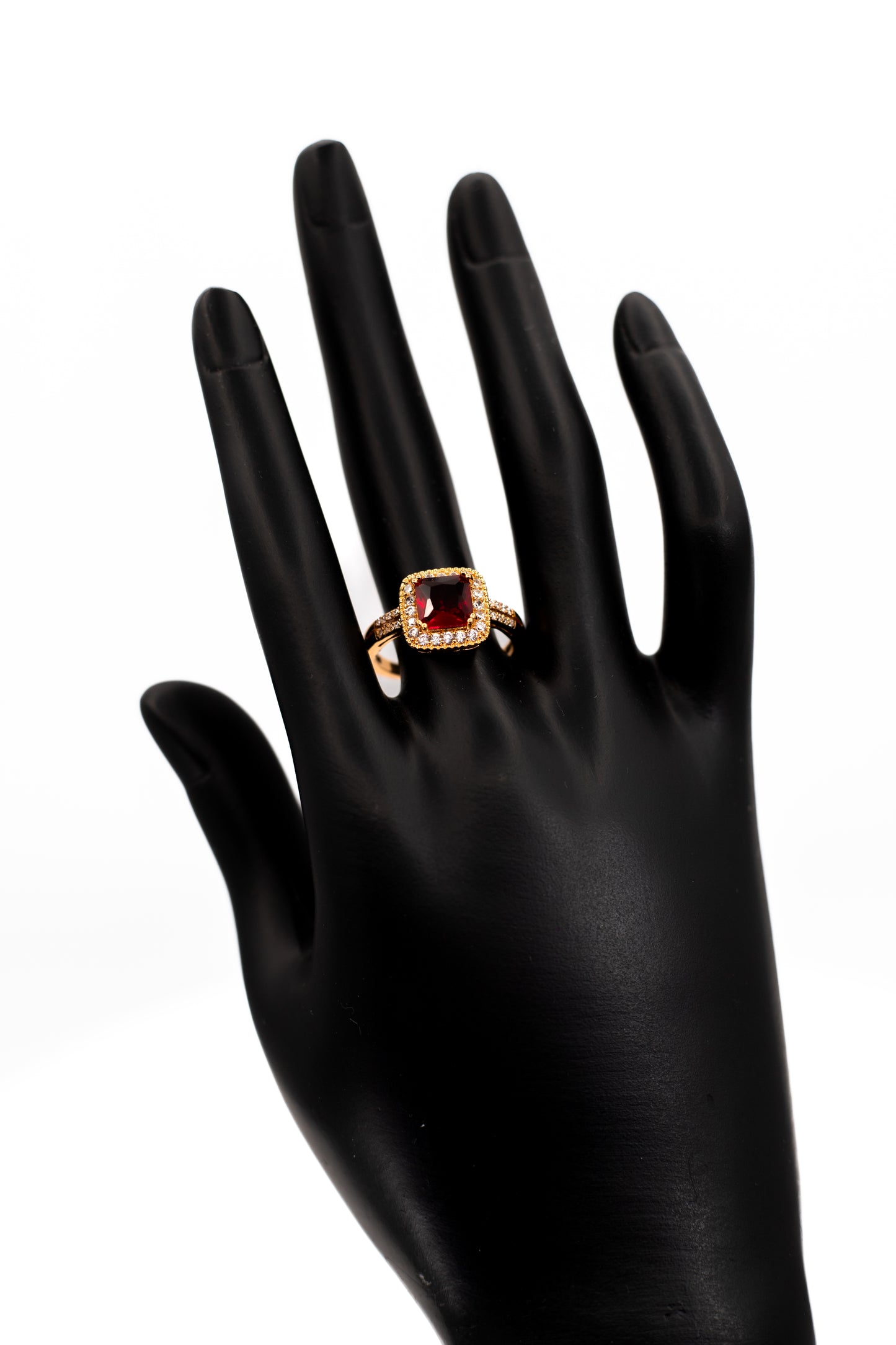 Luxury Red Garnet/Ruby Octagon Double Halo Ring – Yellow Gold Plated Split Shank