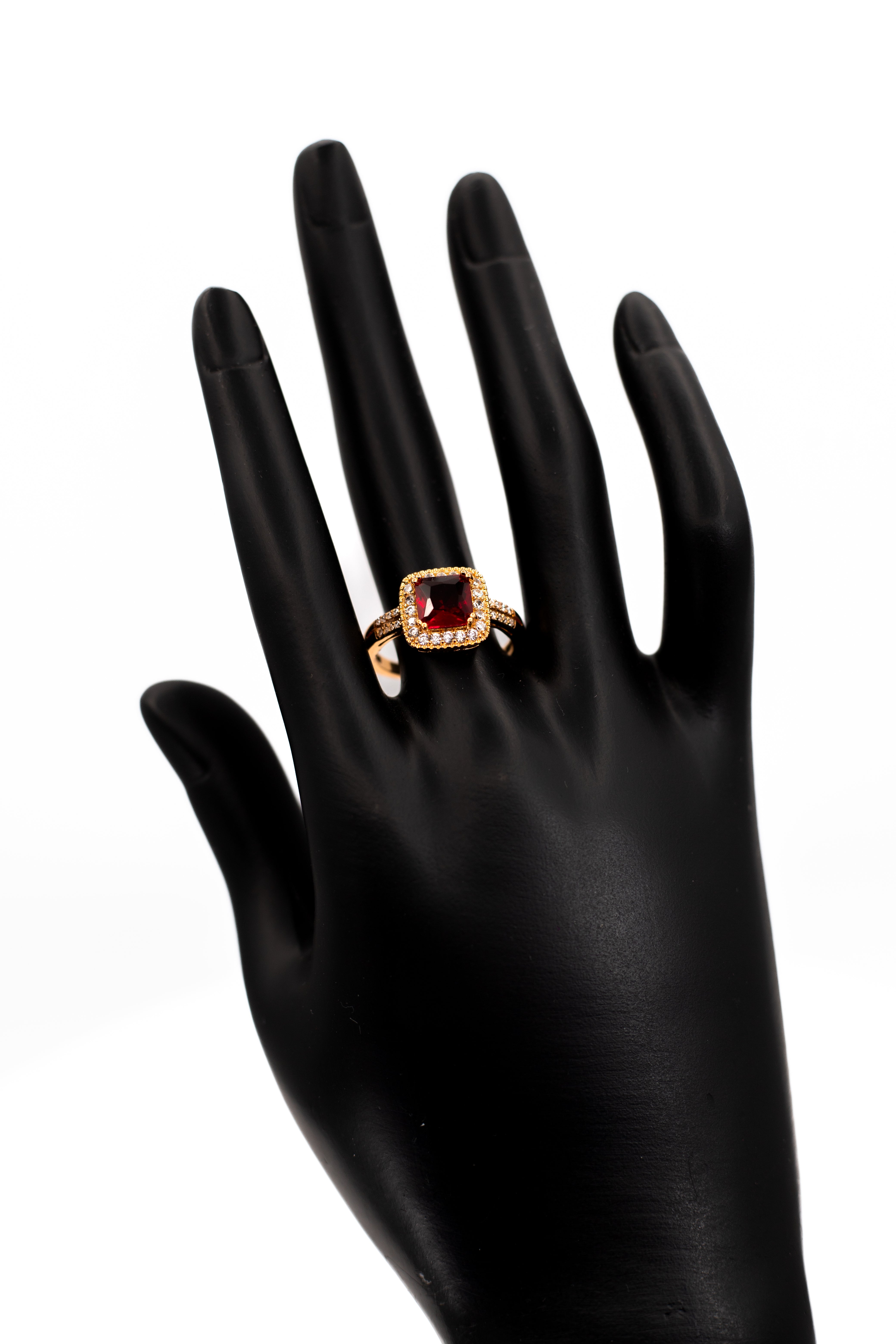 Luxury Red Garnet/Ruby Octagon Double Halo Ring – Yellow Gold Plated Split Shank
