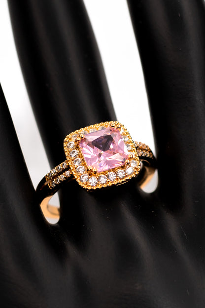 Dainty Pink Morganite Octagon Halo Ring – Yellow Gold Plated Promise Ring