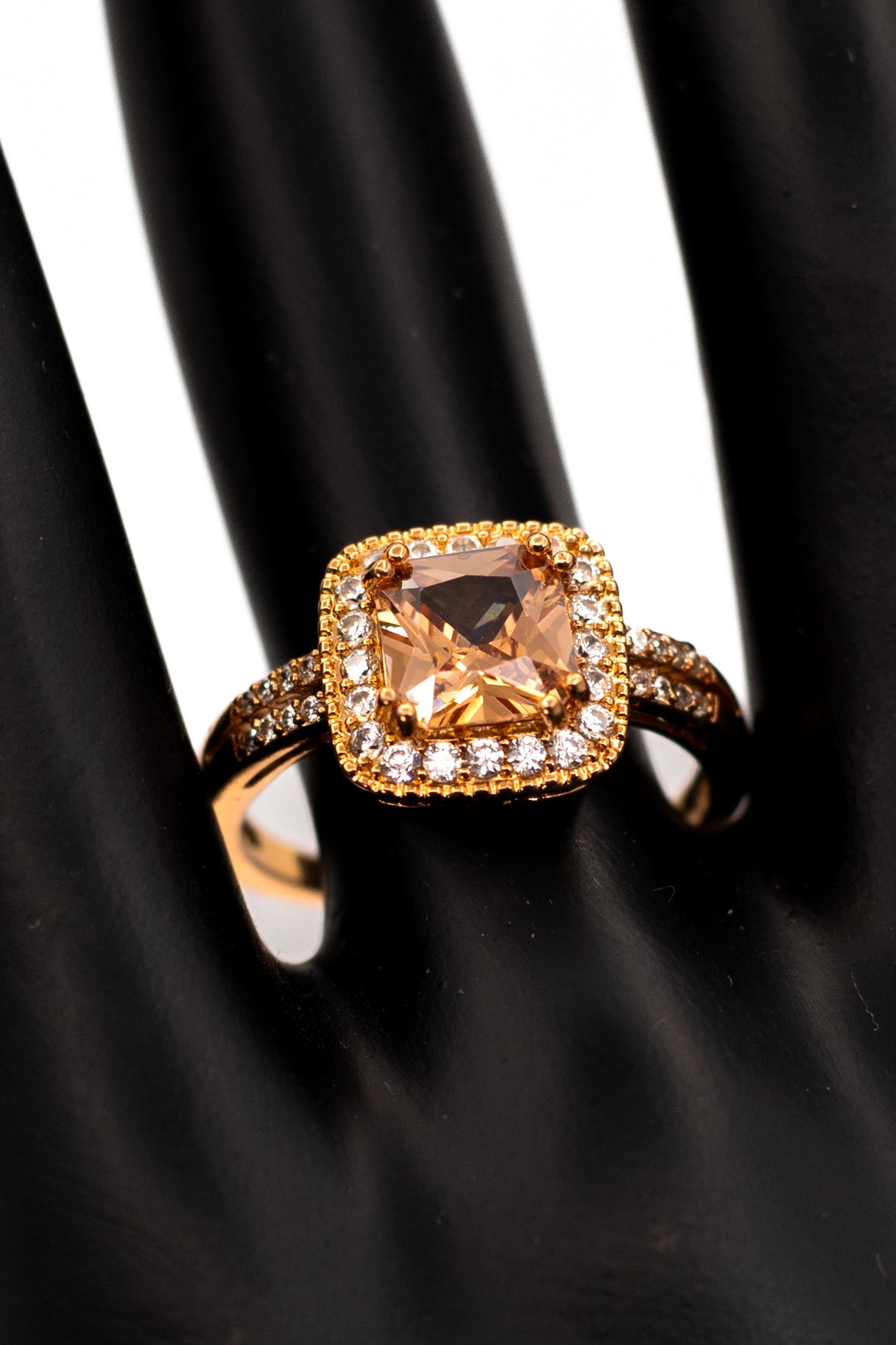 Dainty Pink Morganite Octagon Halo Ring – Yellow Gold Plated Promise Ring