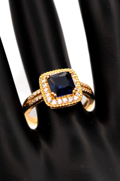 Royal Blue Sapphire Octagon Halo Ring – Yellow Gold Plated Statement Ring