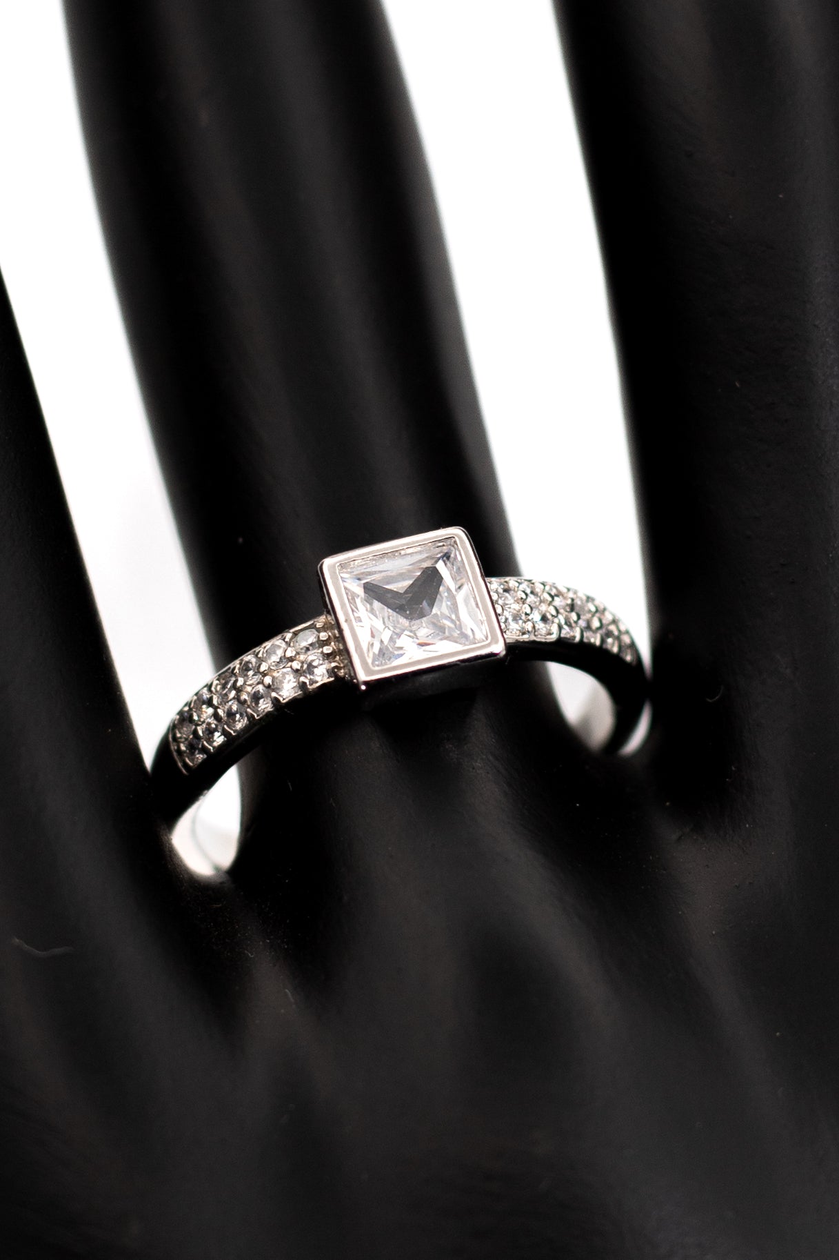 Clear Octagon Halo Ring with Blue Accent Stones – Sterling Silver Two-Tone Effect