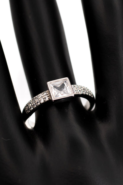 Clear Octagon Halo Ring with Blue Accent Stones – Sterling Silver Two-Tone Effect