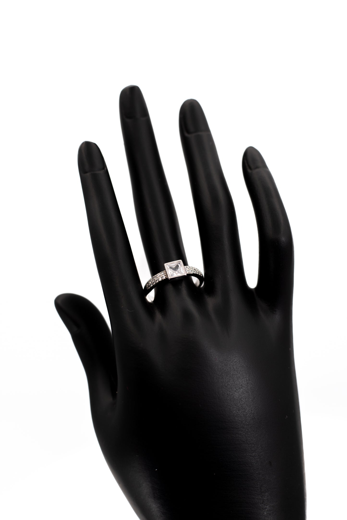 Clear Octagon Halo Ring with Blue Accent Stones – Sterling Silver Two-Tone Effect