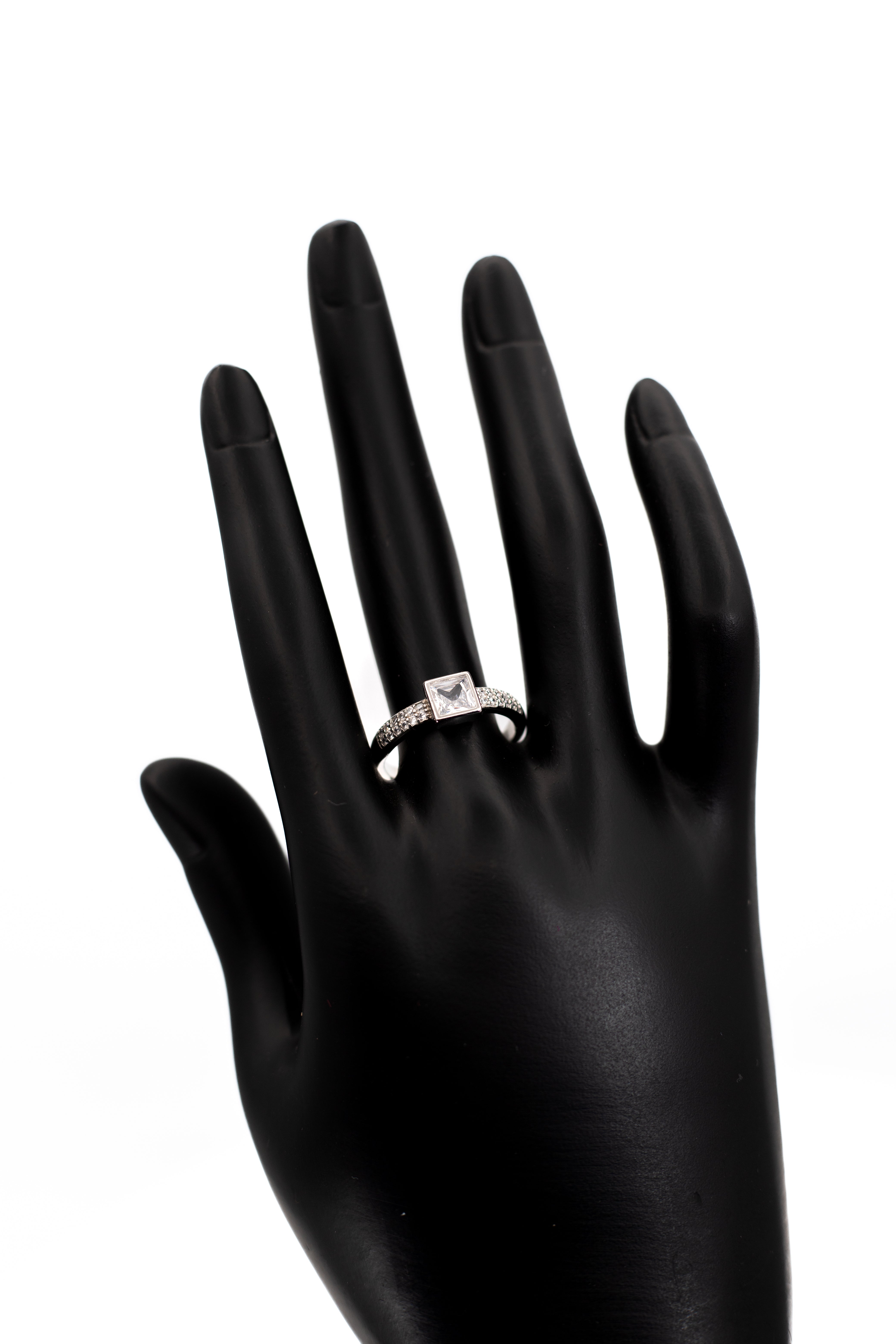 Clear Octagon Halo Ring with Blue Accent Stones – Sterling Silver Two-Tone Effect