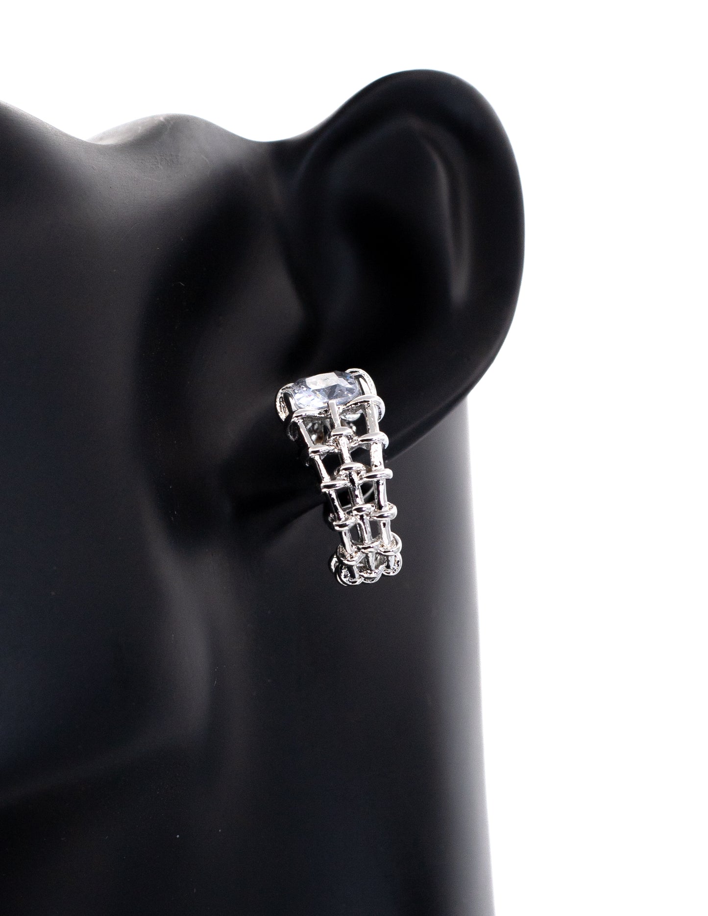 Luxury Silver Lattice Huggie Tops with Square Crystal