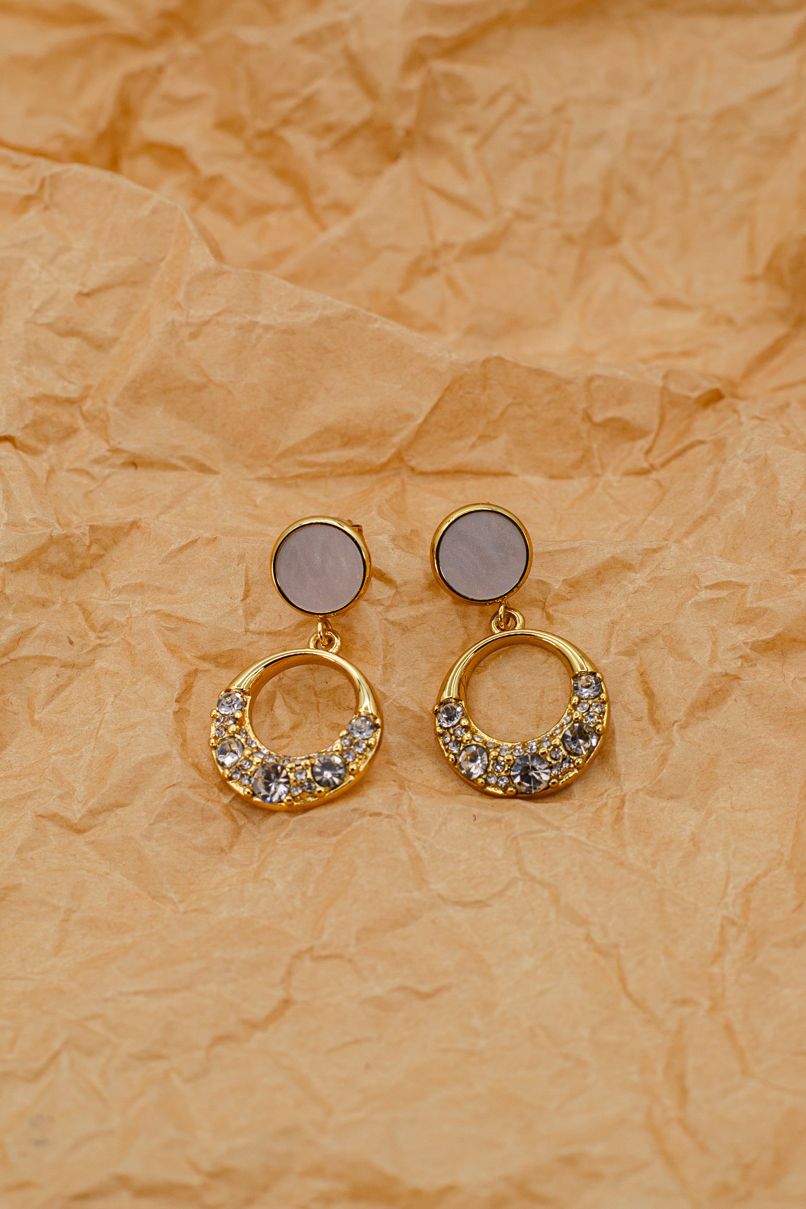 Luxury Golden Dangle Tops with White Cabochon & Smoky Crystals