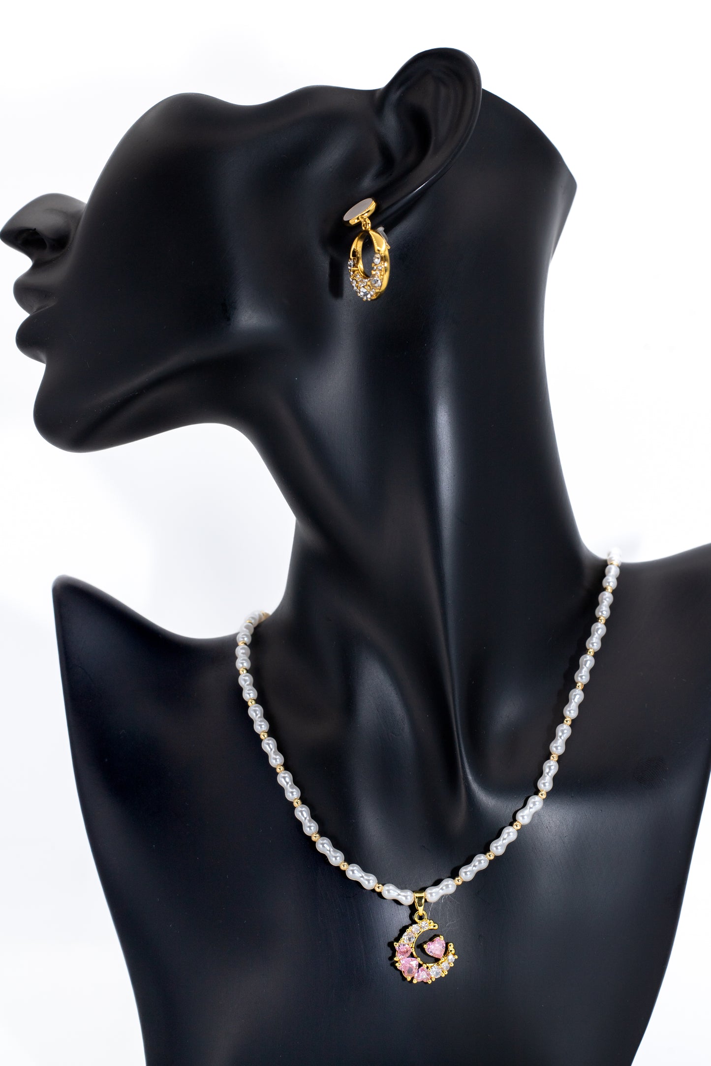 Romantic Golden Pearl & Pink Crystal Crescent Necklace Set