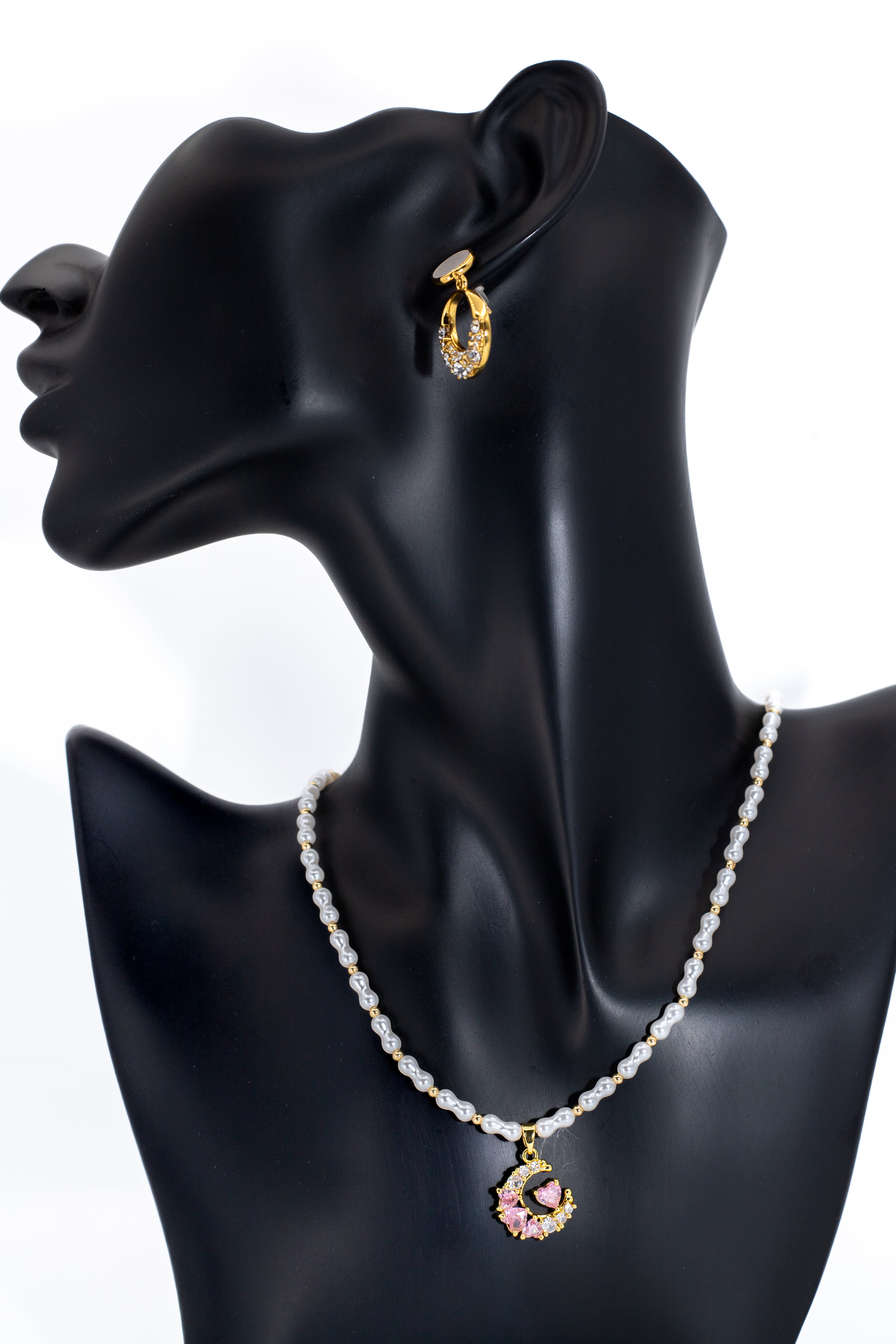 Romantic Golden Pearl & Pink Crystal Crescent Necklace Set
