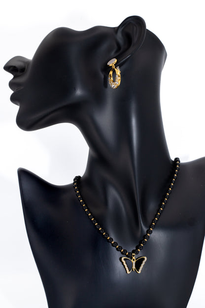 Golden Crystal Butterfly Charm & Black Bead Necklace Set