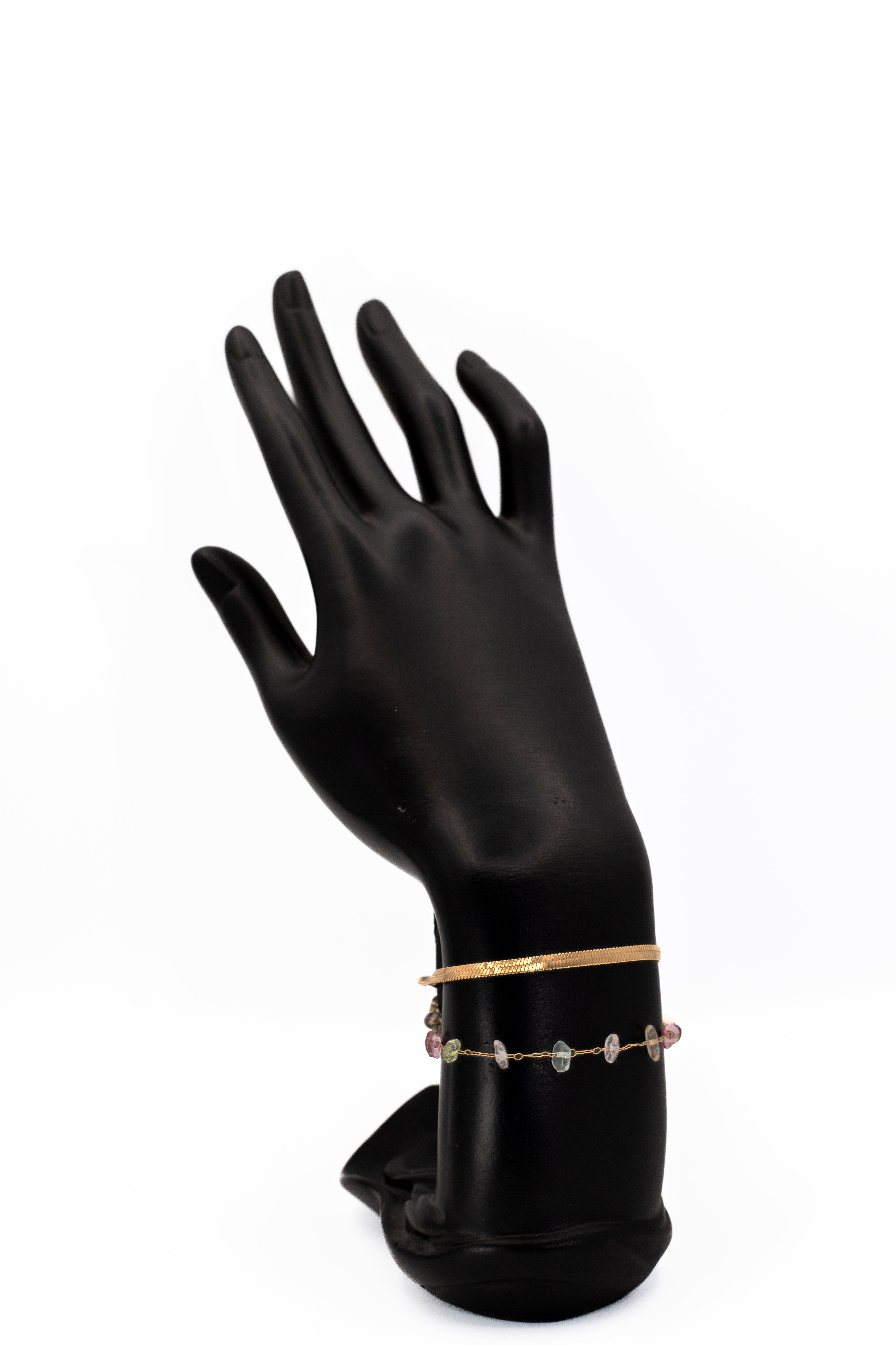 Dainty Gold Chain & Herringbone Cuff Bracelet with Gemstone Beads