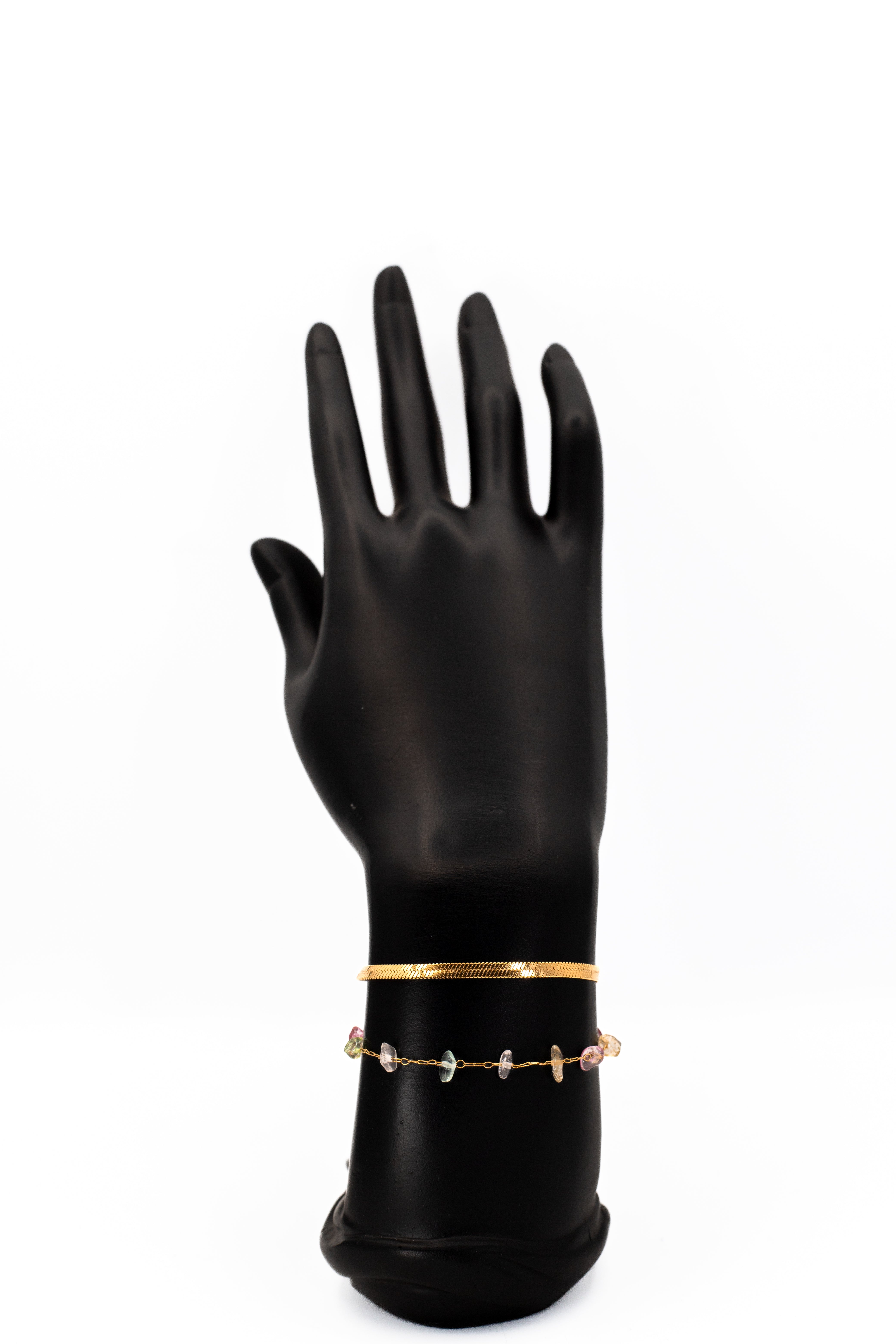 Dainty Gold Chain & Herringbone Cuff Bracelet with Gemstone Beads