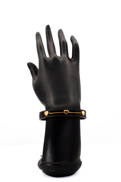 Black Leather Wrap Bracelet with Gold Heart Charms | Stackable Bangle