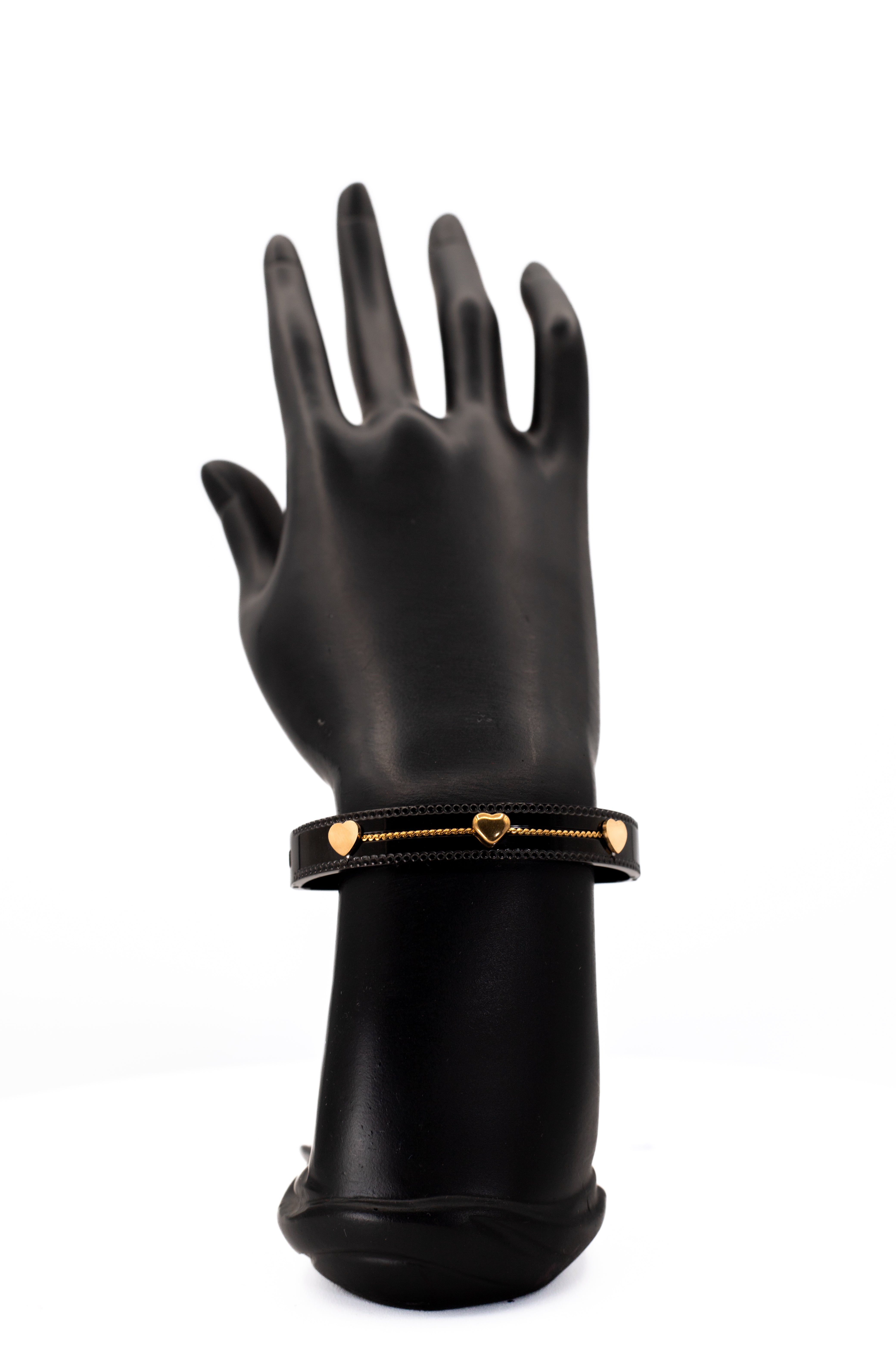 Black Leather Wrap Bracelet with Gold Heart Charms | Stackable Bangle