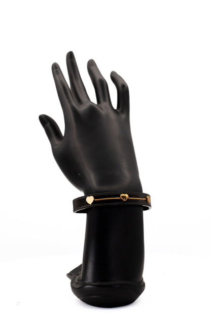 Black Leather Wrap Bracelet with Gold Heart Charms | Stackable Bangle