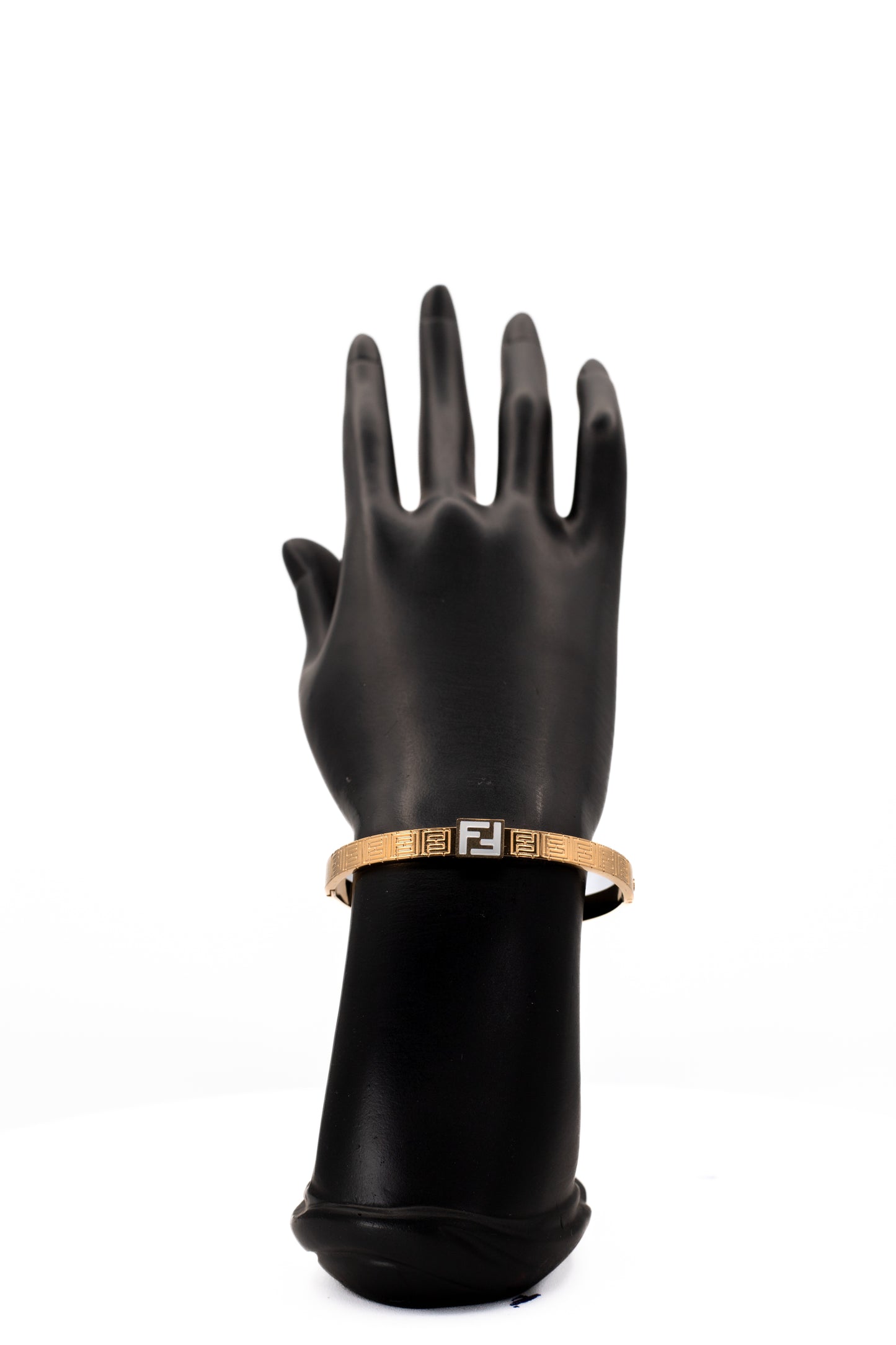 Gold Bangle Cuff Bracelet with Greek Key / Logo Detail