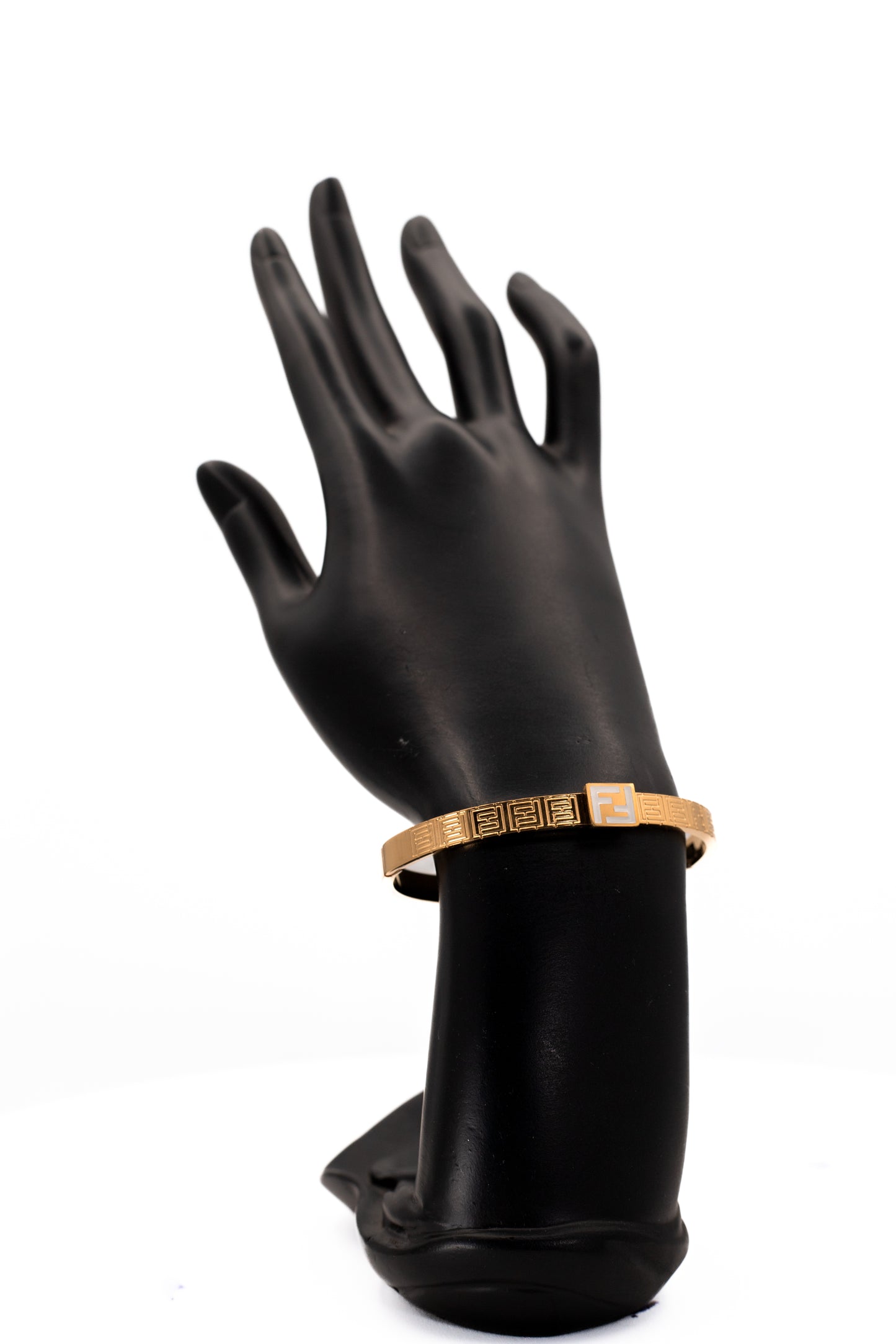 Gold Bangle Cuff Bracelet with Greek Key / Logo Detail