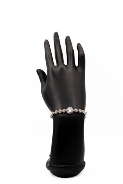 Silver-Toned Statement CZ Bracelet | Large Round Solitaire & Pave