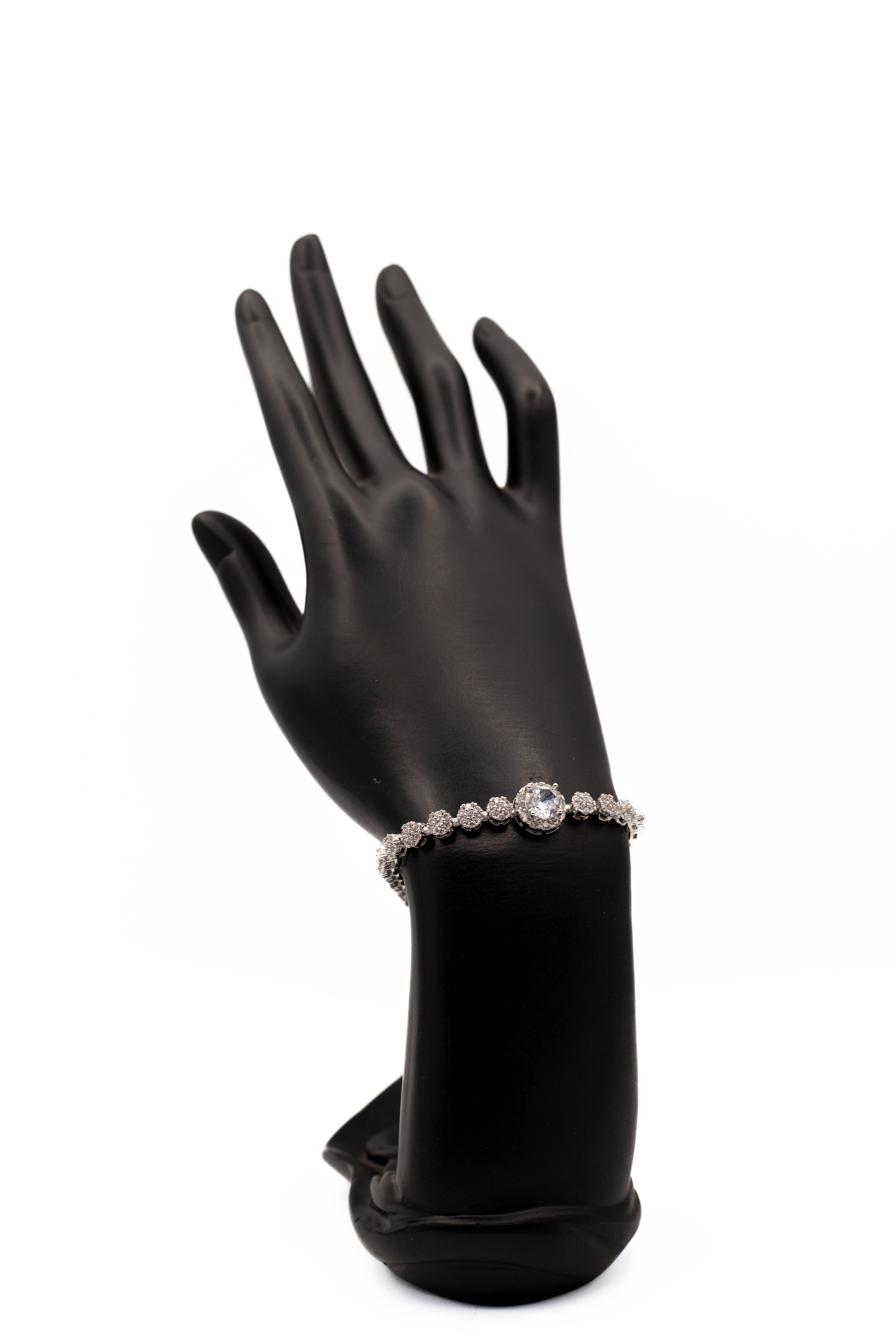 Silver-Toned Statement CZ Bracelet | Large Round Solitaire & Pave