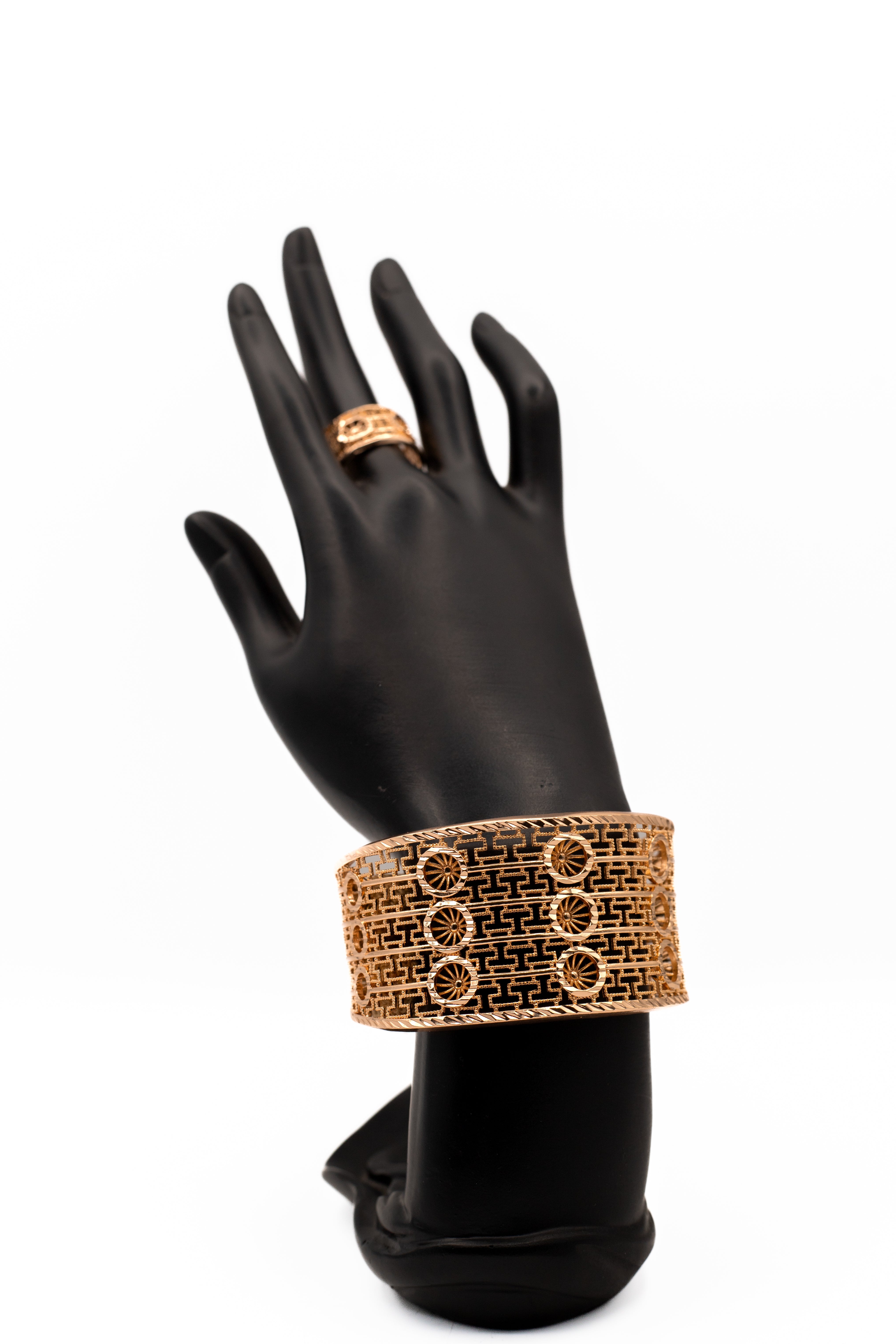 Grand Golden Filigree Wide Cuff Bangle & Ring Set