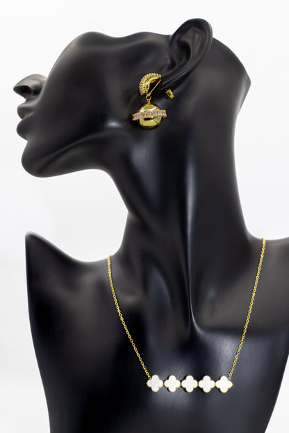 Luxury Golden Mother-of-Pearl Clover & Pink Crystal Dangle Set