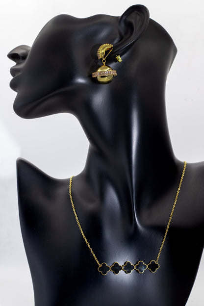 Iconic Golden Black Enamel Clover Necklace & Glamour Tops Set