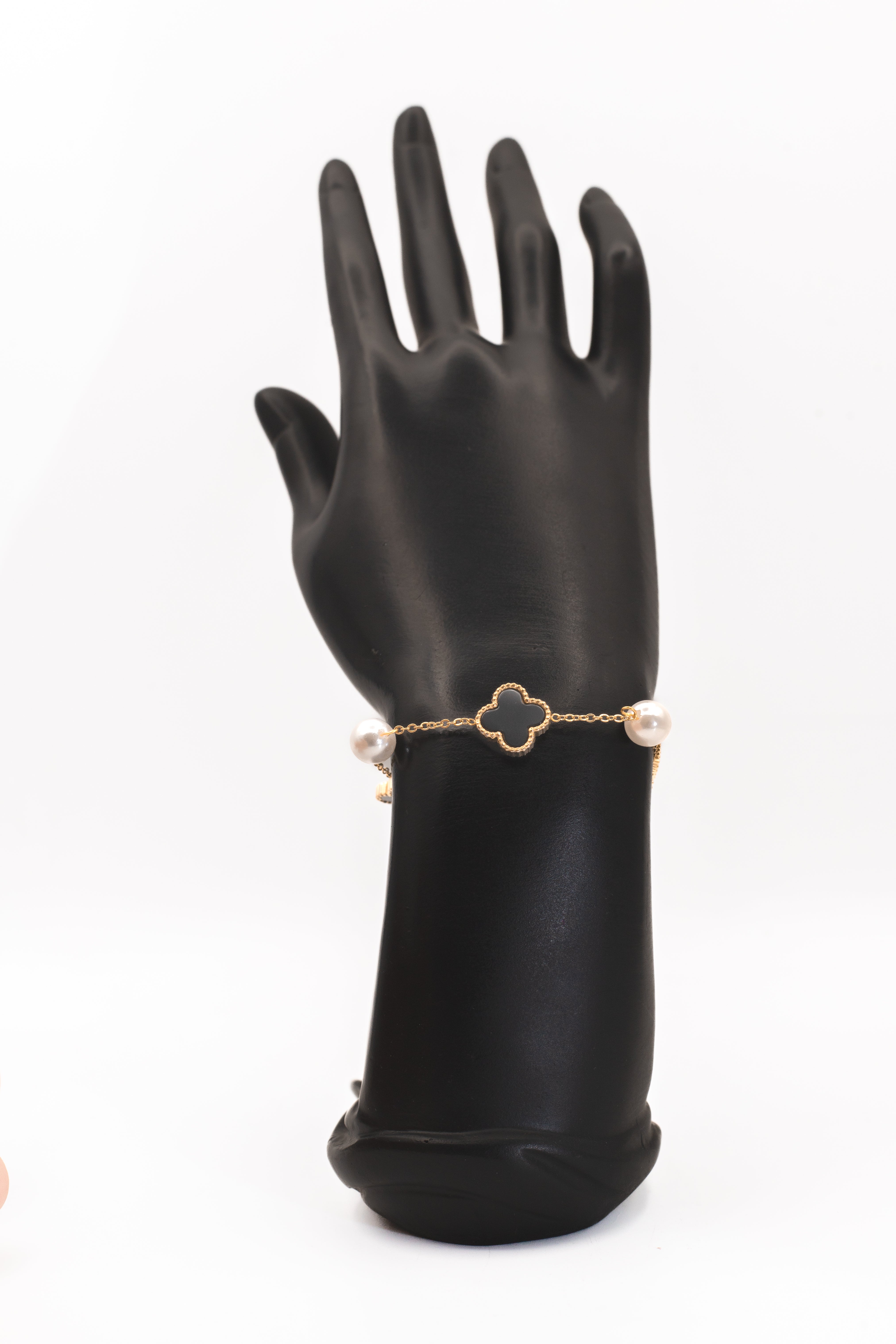 Dainty Golden Black Clover & Pearl Charm Bracelet