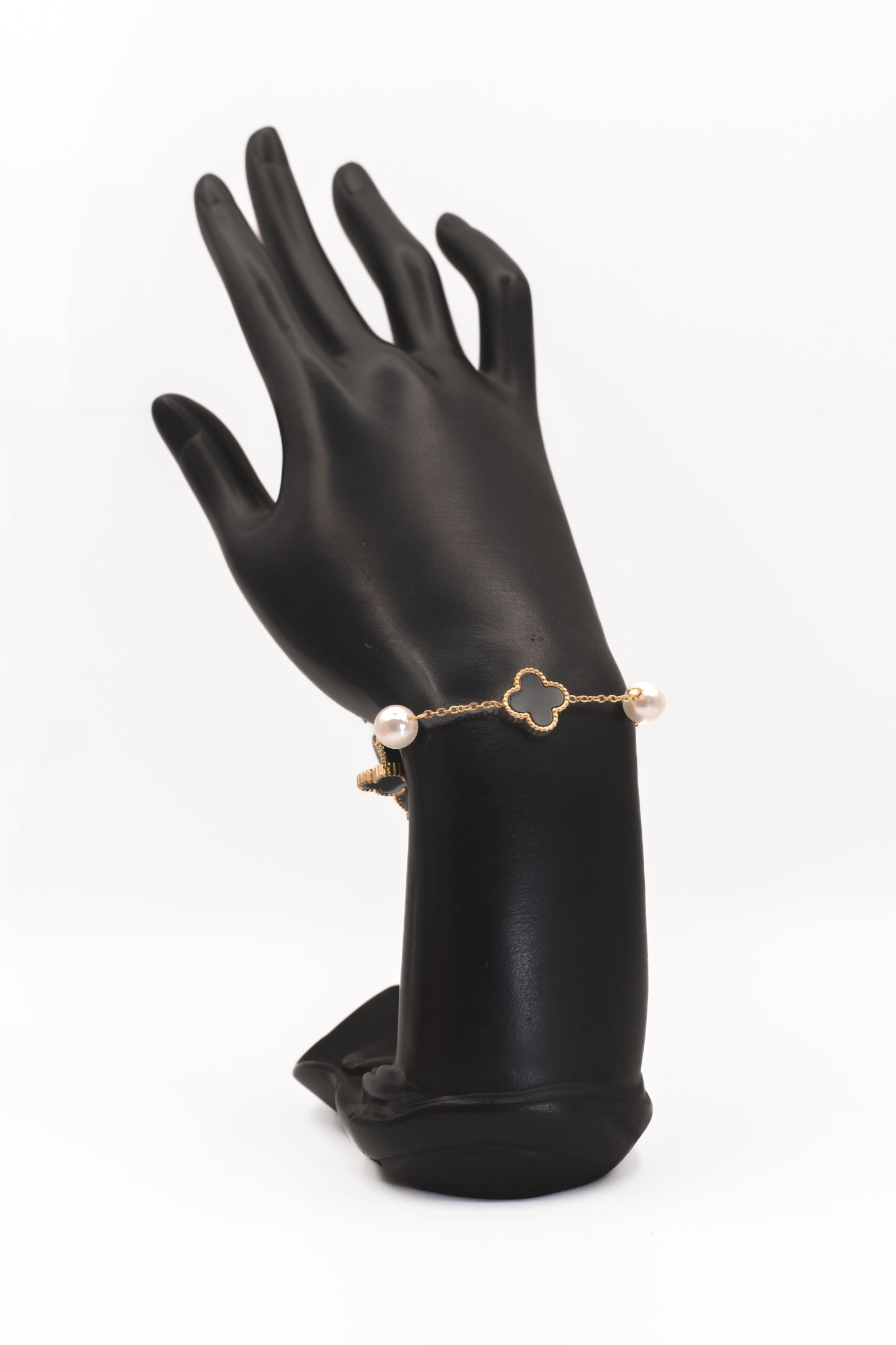 Dainty Golden Black Clover & Pearl Charm Bracelet