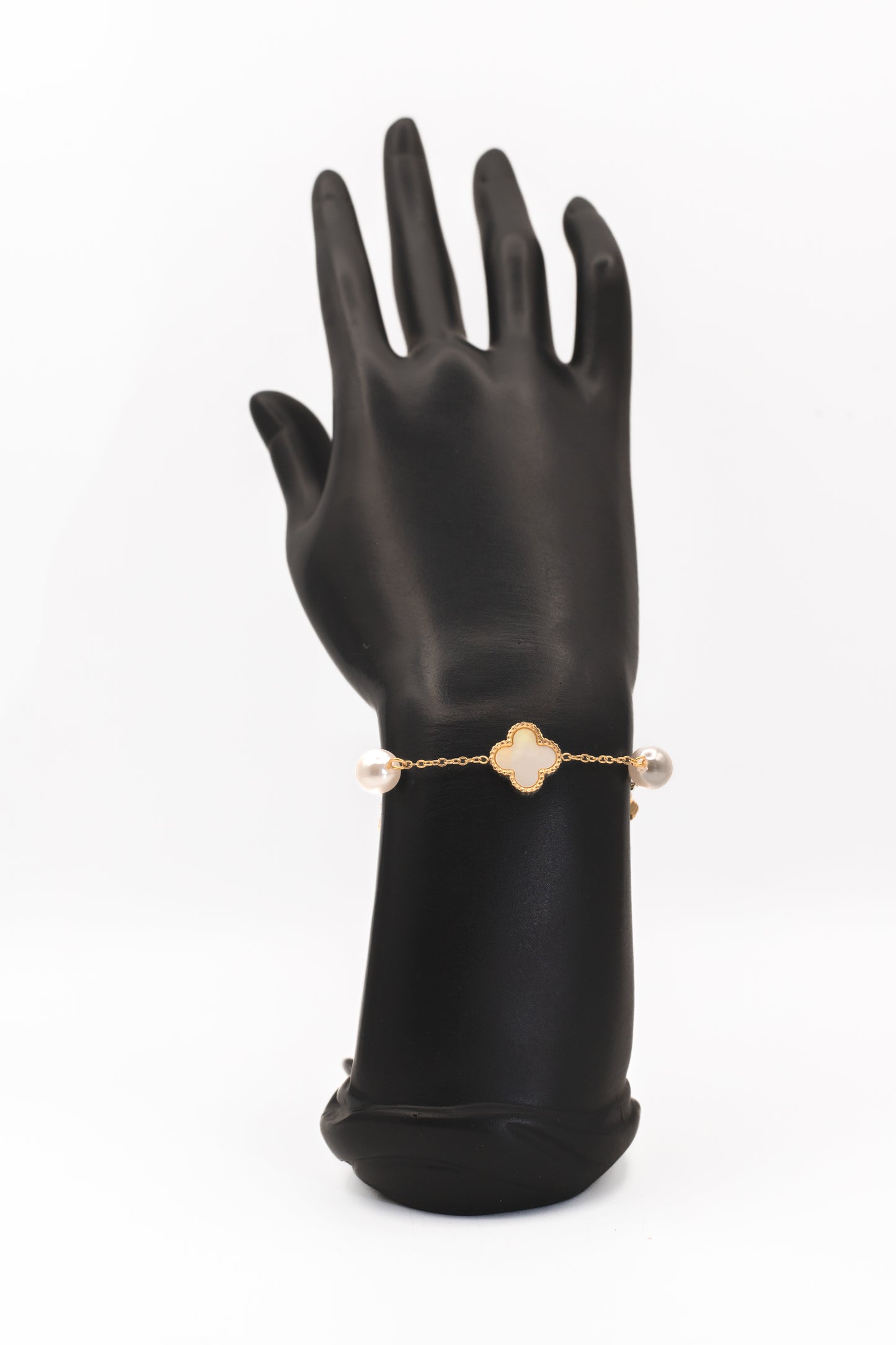 Golden Black Clover and Pearl Bracelet