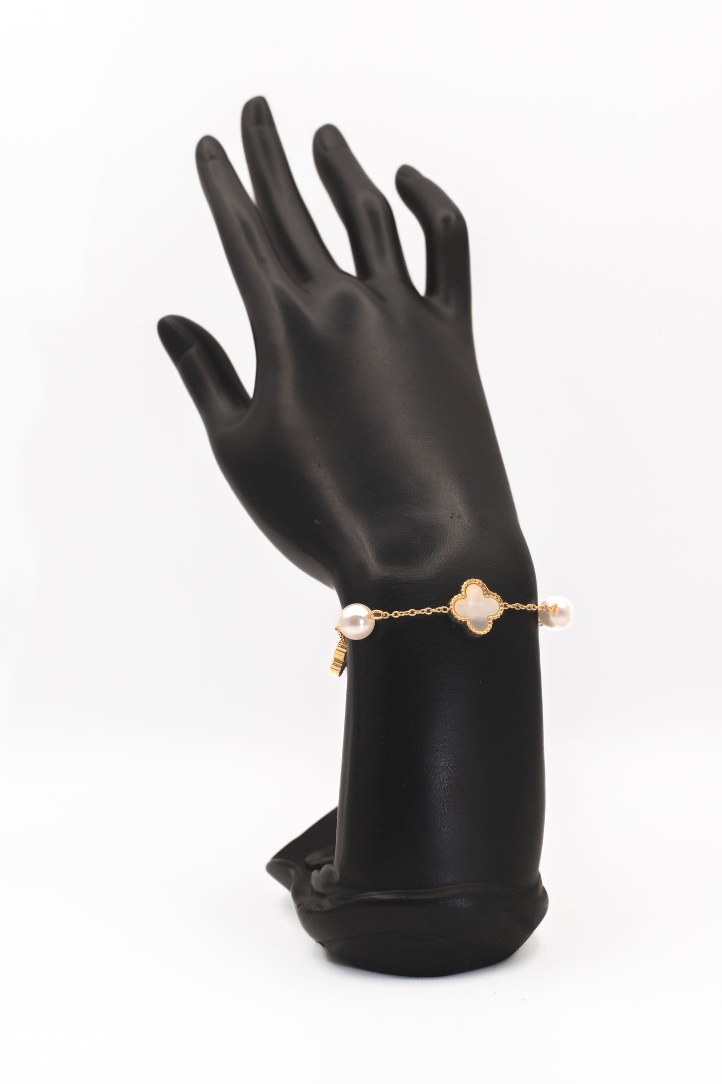 Golden Black Clover and Pearl Bracelet