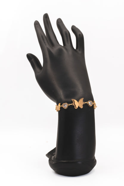Golden Butterfly & Crystal Heart Charm Bracelet