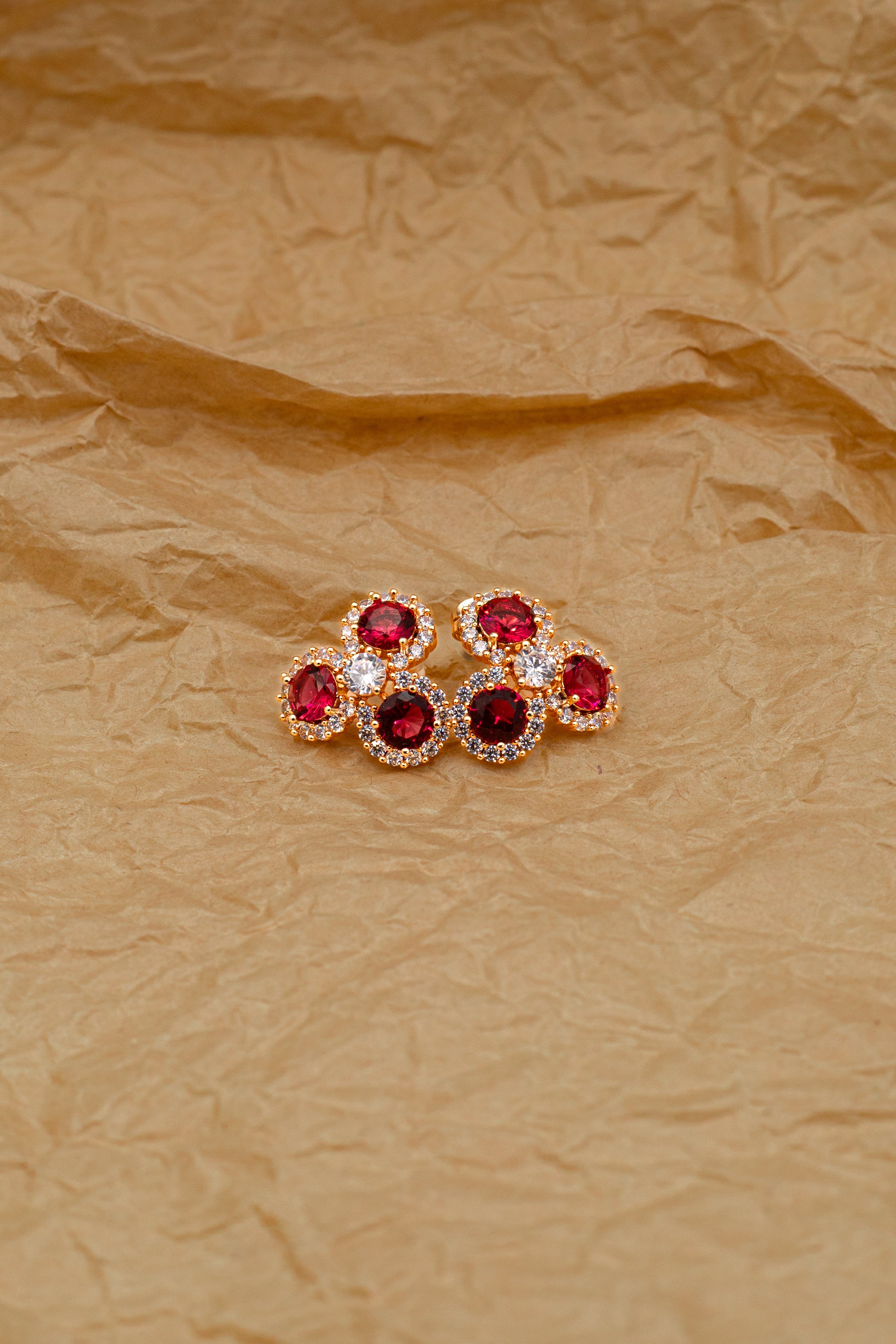 Golden Ruby Floral Crystal Cluster Stud Tops