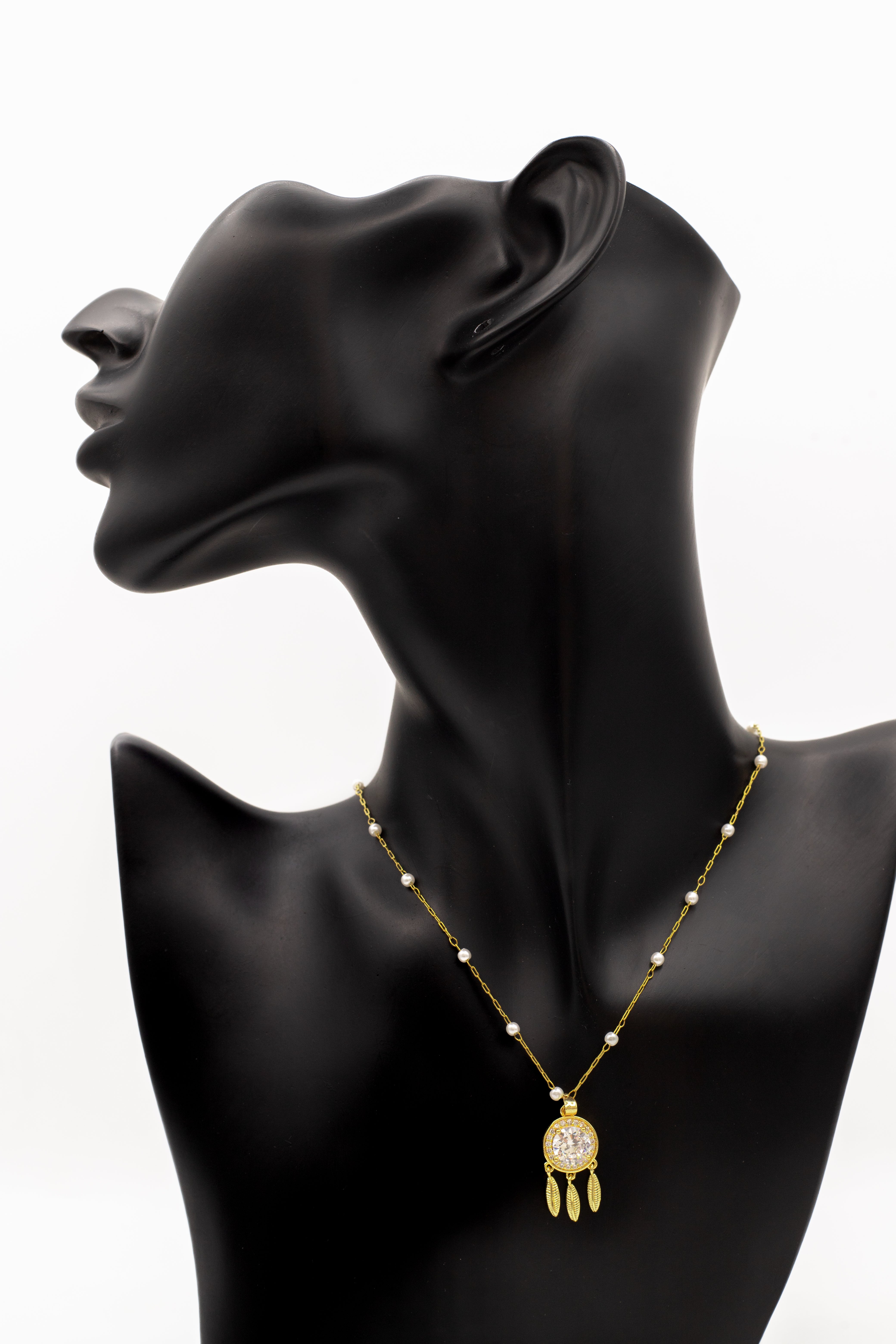 Golden Pearl & Crystal Dreamcatcher Necklace